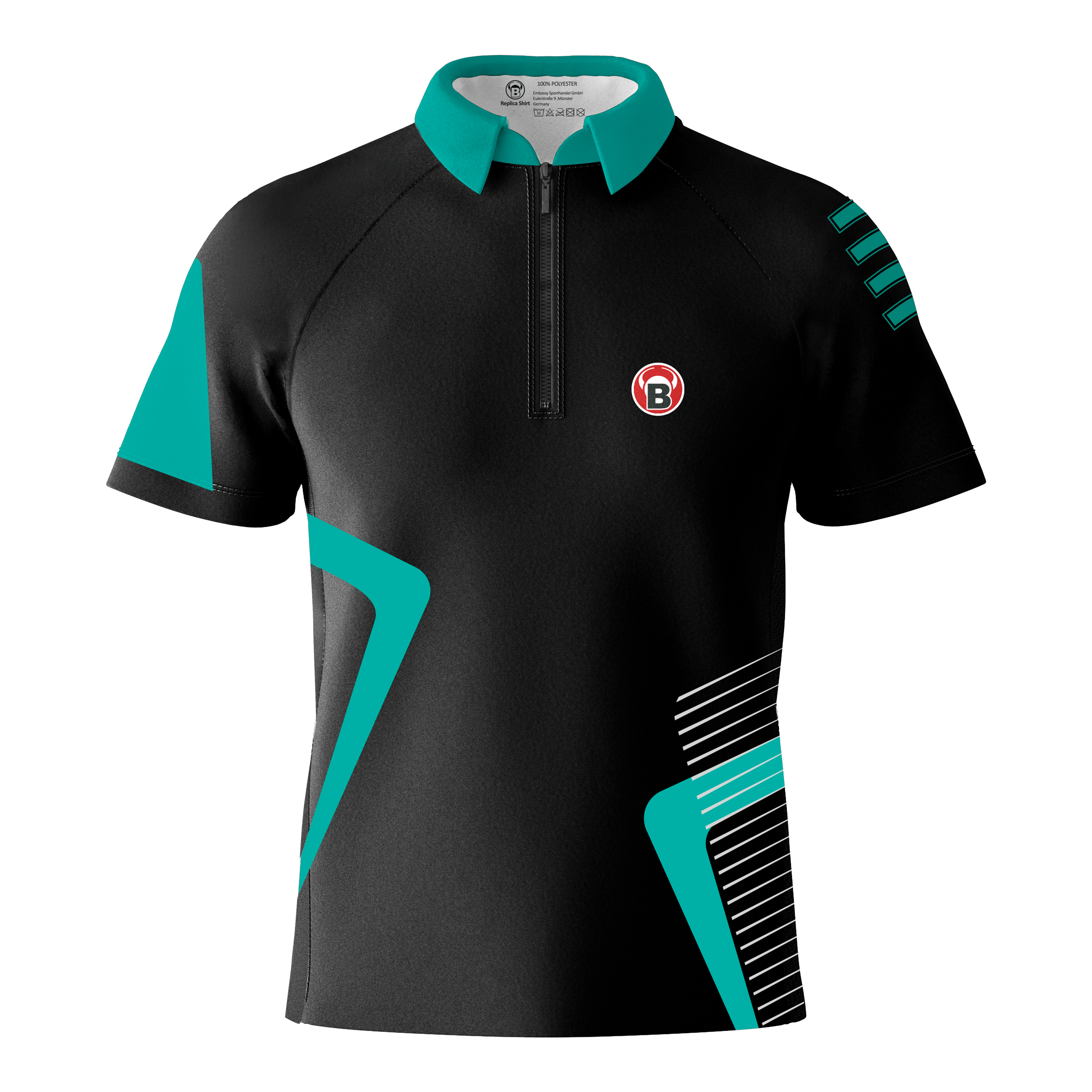 Das Bild zeigt das Bulls Team Dartshirt in der Farbe Mint. Das Shirt ist überwiegend schwarz mit mintfarbenen Akzenten und einem kleinen B-Logo auf der Brust.