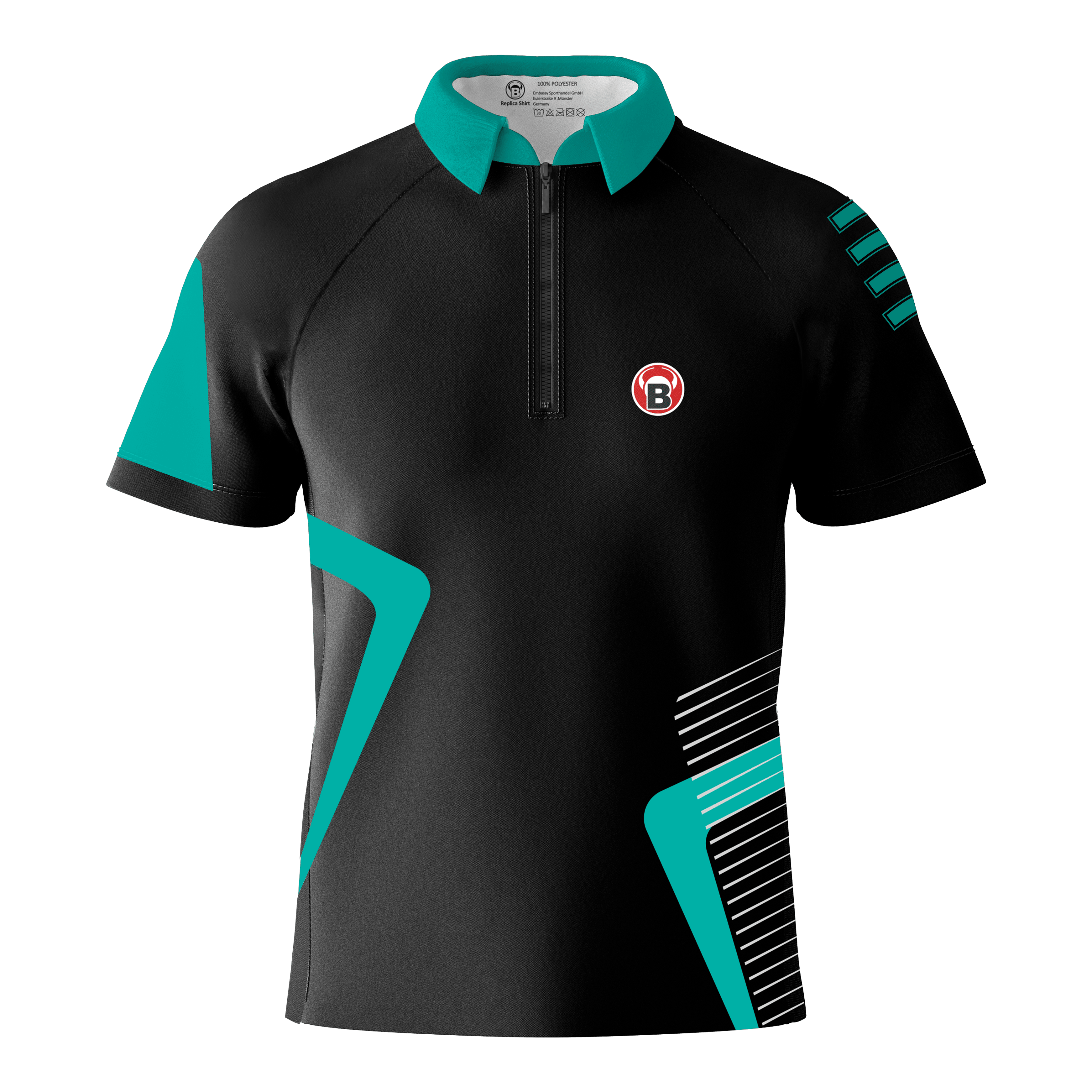 Bulls Team Dart Shirt - Munt Das Bild zeigt das Bulls Team Dartshirt in der Farbe Mint. Das Shirt ist überwiegend schwarz mit mintfarbenen Akzenten und einem kleinen B-Logo auf der Brust.