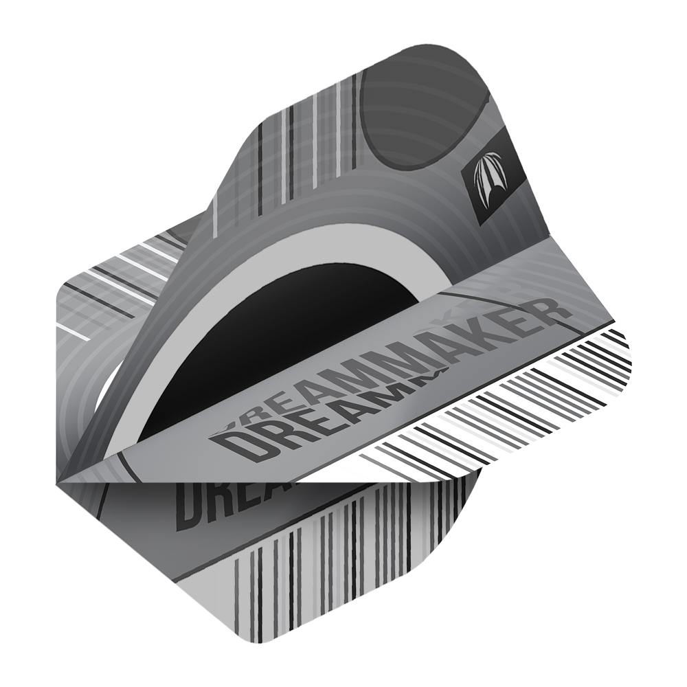 Target Pro Ultra Dimitri Van Den Bergh X Echo No2 Standaardvluchten - 3 sets Auf dem Bild ist ein Dart Flight der Marke Target Pro Ultra Dimitri Van Den Bergh X Echo No2 zu sehen. Das Design ist in Grau- und Schwarztönen gehalten und trägt den Schriftzug "DREAMMAKER".