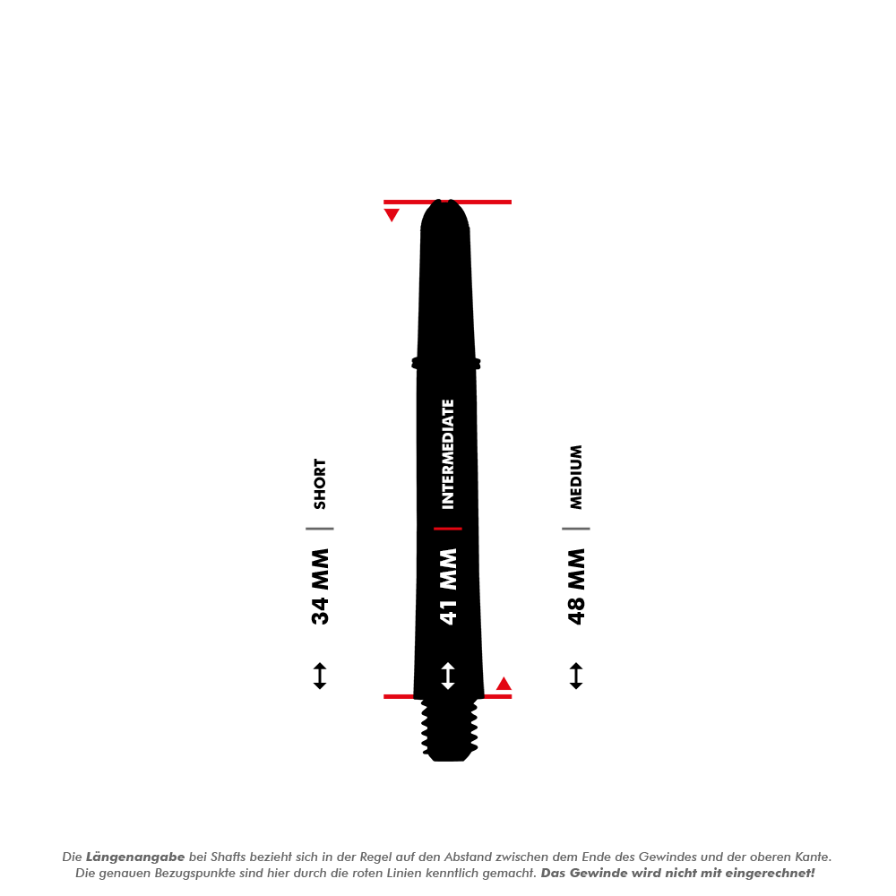 110181_Target_Pro_Grip_Shafts_5_41mm_3VariantenjO7SsFRn6Y7MQ Das Bild zeigt drei verschiedene Längen von Target Pro Grip Shafts: Short (34 mm), Intermediate (41 mm) und Medium (48 mm). Die roten Linien markieren die Messpunkte für die Längenangabe, das Gewinde wird dabei nicht mitgerechnet.