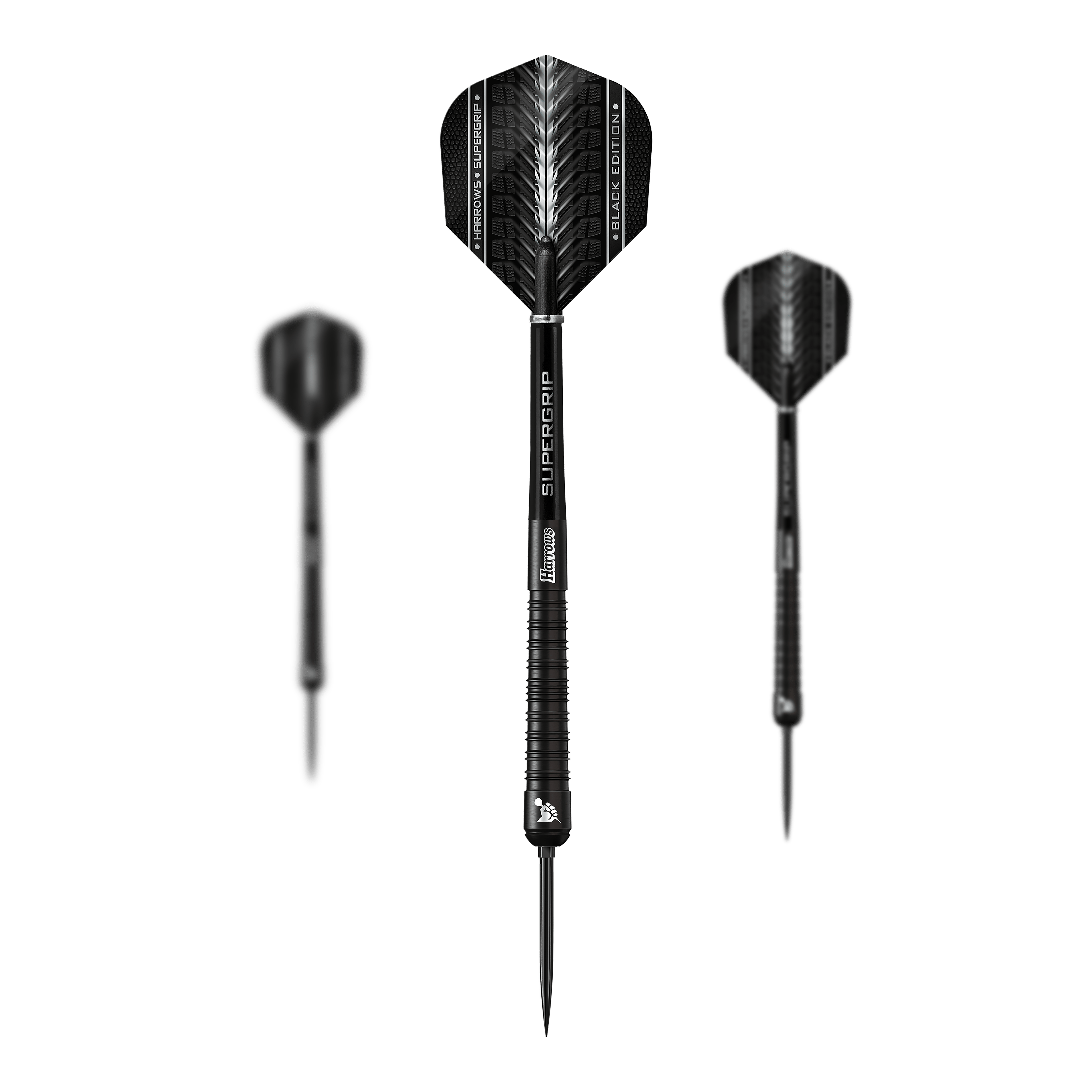 Auf diesem Bild ist ein Set der Harrows Supergrip 90 Black Edition Quick Point Steeldarts zu sehen. Die Steeldarts sind ideal für Turniere und Freizeitspiele.