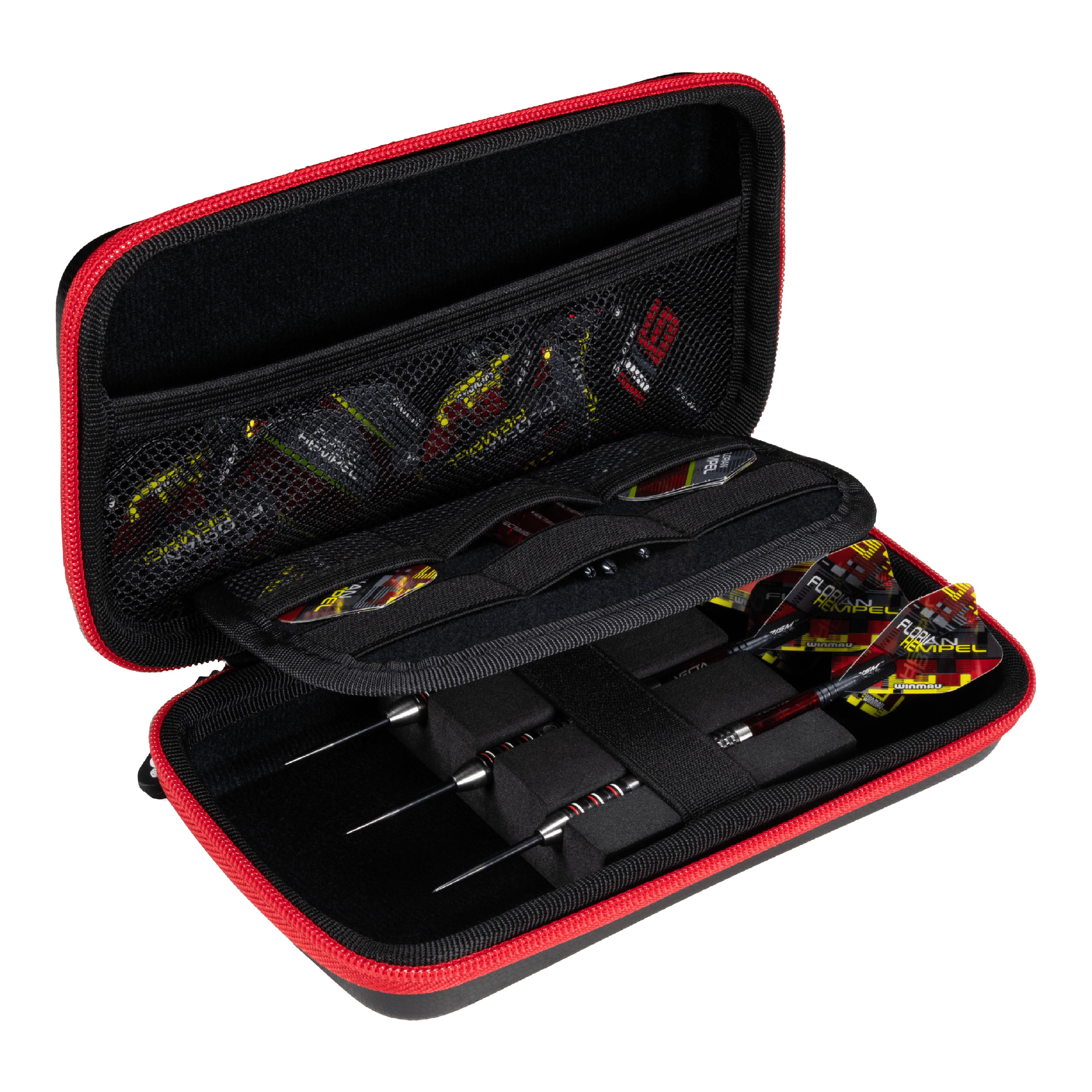 Winmau Florian Hempel Tour Edition dartkoker Das Bild zeigt das Winmau Florian Hempel Tour Edition Dartcase, das geöffnet und mit Darts sowie Zubehör bestückt ist. Die Darttasche hat einen schwarzen Innenraum mit Netzfächern und wird von einem roten Reißverschluss umrandet.