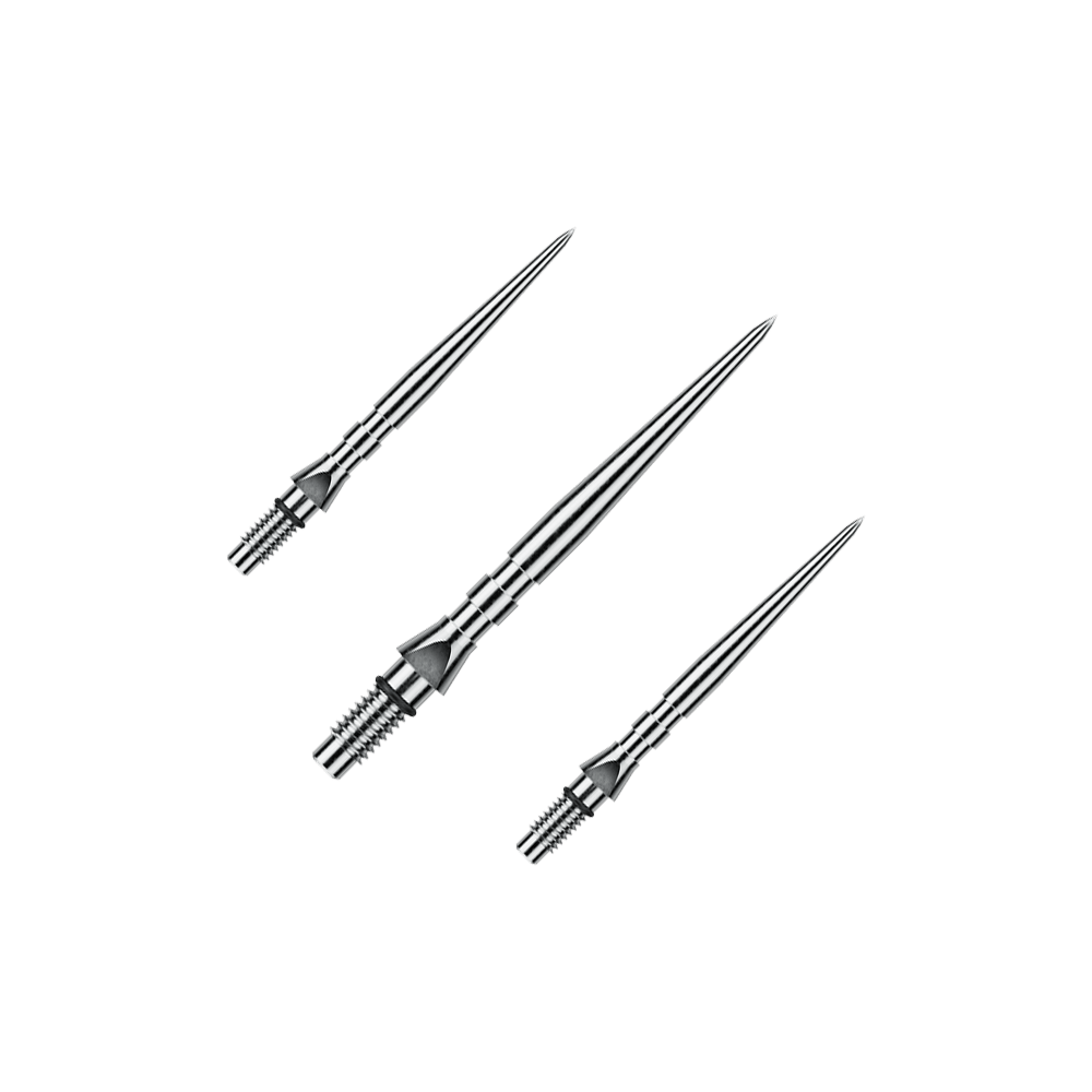 Winmau Switch Point Groove stalen dartpunten - Zilverkleurig effect Auf dem Bild ist ein Set von silbernen Steeldartspitzen mit Rillen zu sehen, wahrscheinlich 'Switch Point Groove Silver Effect' und 26mm lang. Das Set ist für den Einsatz bei Steeldarts gedacht.