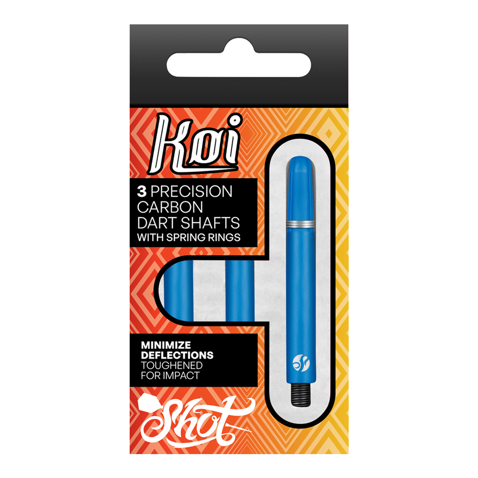 Shot Koi Carbon Shafts - Blauw Die Abbildung zeigt eine Verpackung mit drei blauen Carbon-Dartschäften der Marke Koi. Auf der Packung steht, dass die Schäfte Präzision bieten, mit Sprengringen ausgestattet sind und Abweichungen minimieren.