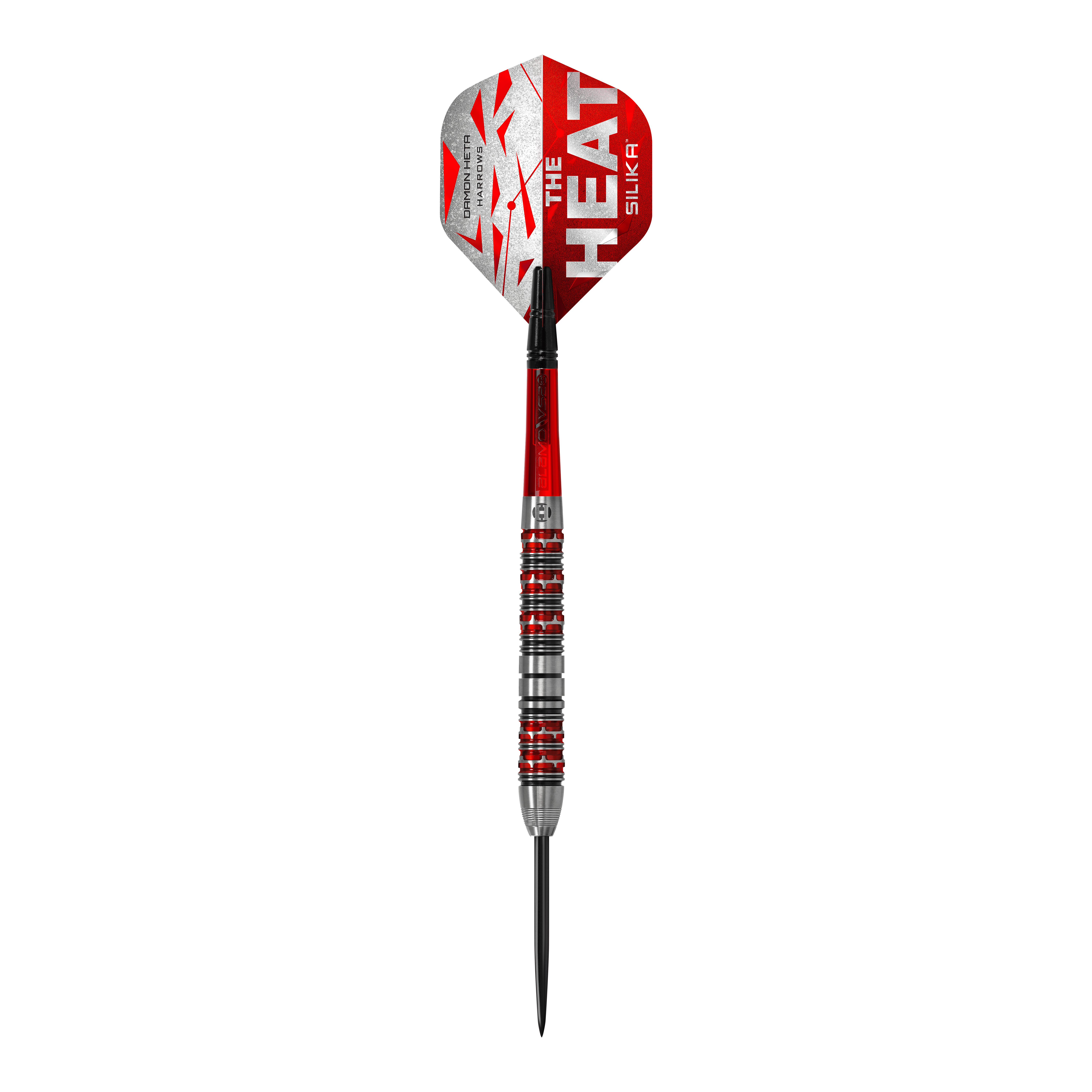 Harrows Damon Heta Series 3 Steeldarts Das Bild zeigt einen Steeldart der Marke "Harrows Damon Heta Series 3". Der Dart hat rote und silberne Akzente sowie die Aufschrift „THE HEAT“ auf dem Flight.