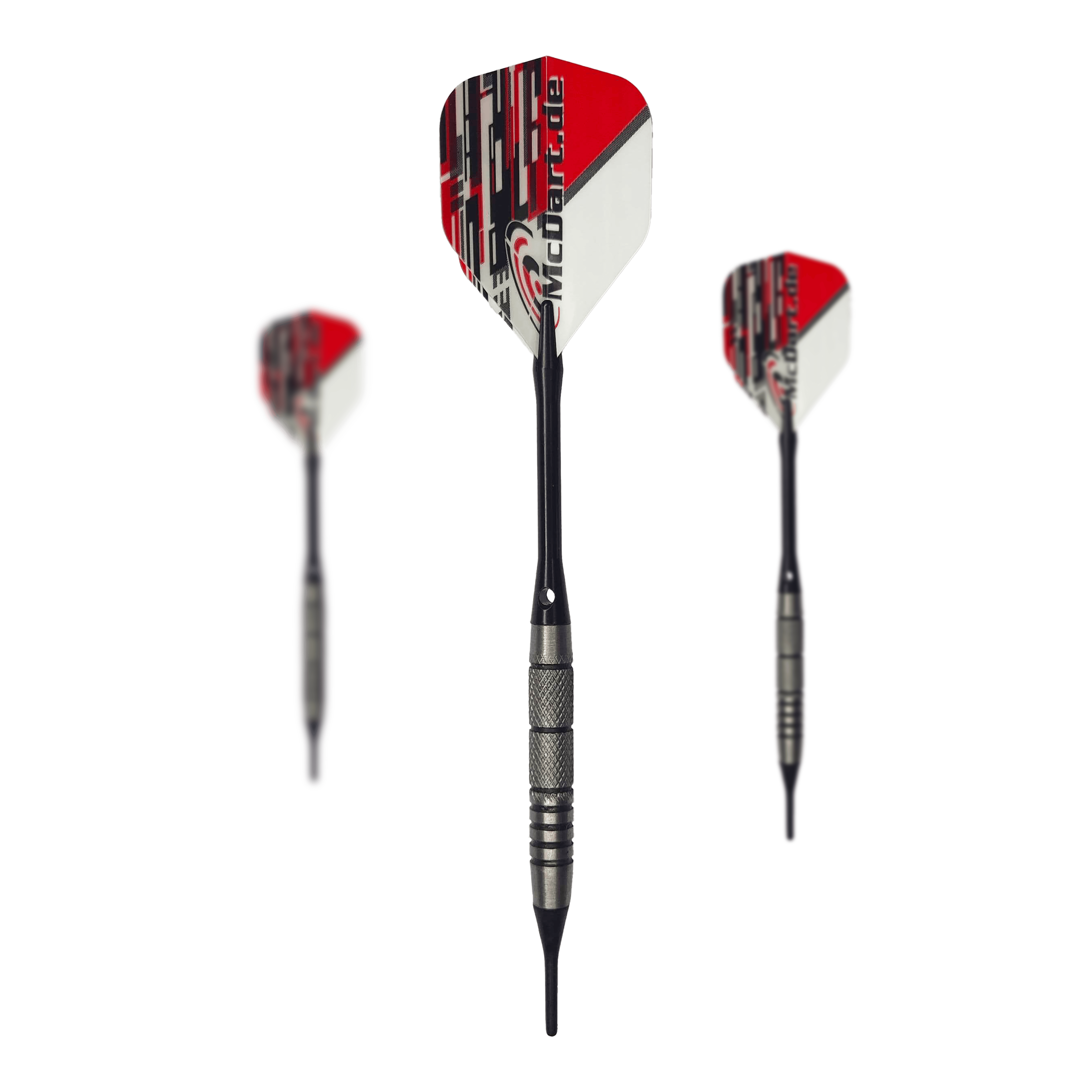 McDart 85 Tungsten V9 zachte darts - 17,5 g Das Bild zeigt drei McDart 85er Tungsten V9 Softdarts mit einem Gewicht von 17,5g. Die Darts haben silberne Barrels und rot-weiße Flights mit dem Aufdruck "McDart.de".