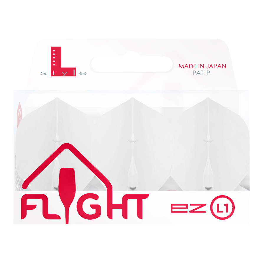L-Style Champagne L1EZ Standaard Vluchten Das Bild zeigt eine Packung mit weißen L-Style Champagne L1EZ Standard Flights. Die Verpackung ist durchsichtig und mit roten sowie grauen Aufschriften gestaltet.