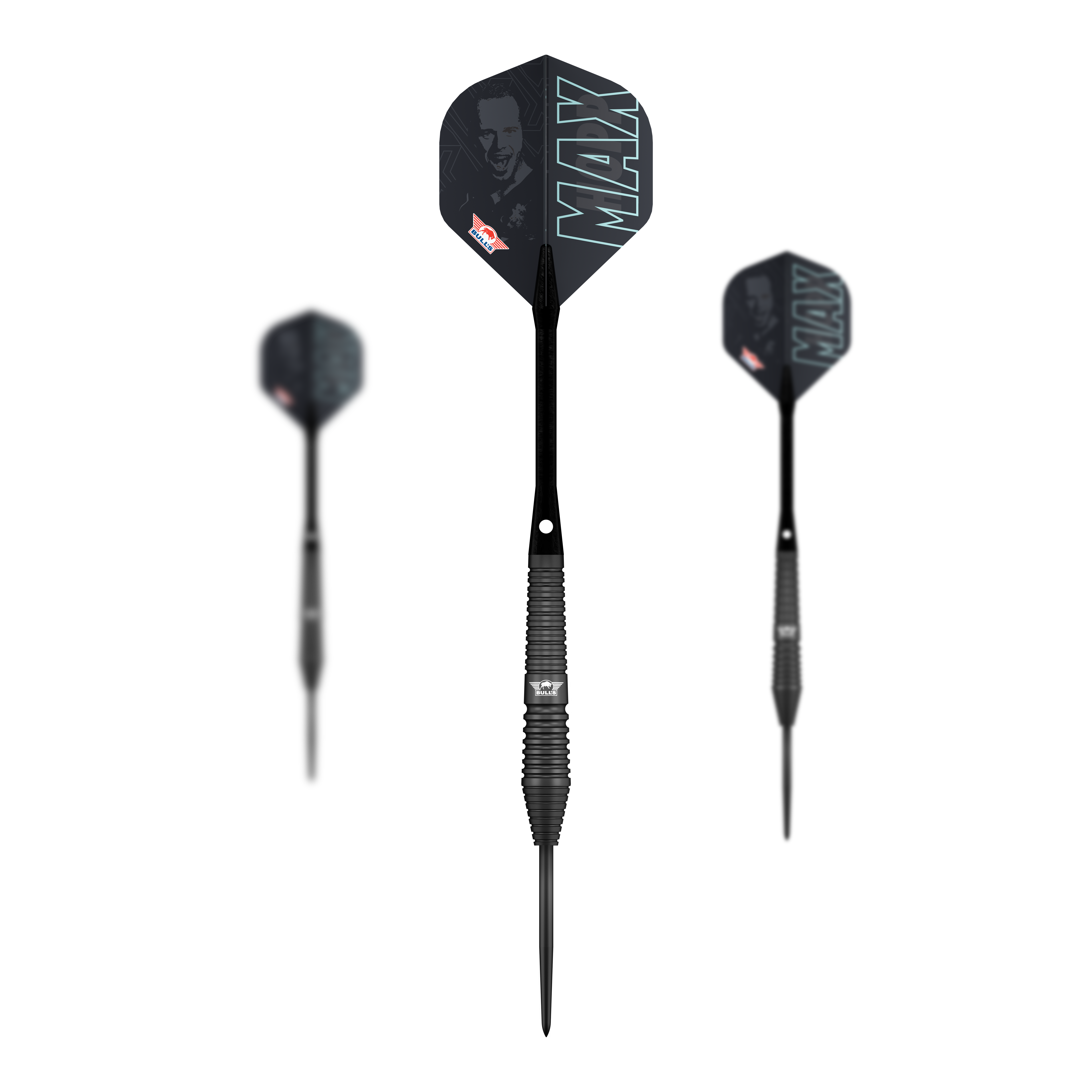 Bulls NL Max Hopp Zwarte Stalen Darts Das Bild zeigt die Bulls NL Max Hopp Black Steeldarts. Es handelt sich um ein Set von hochwertigen Steeldarts für Präzisionsspiel.