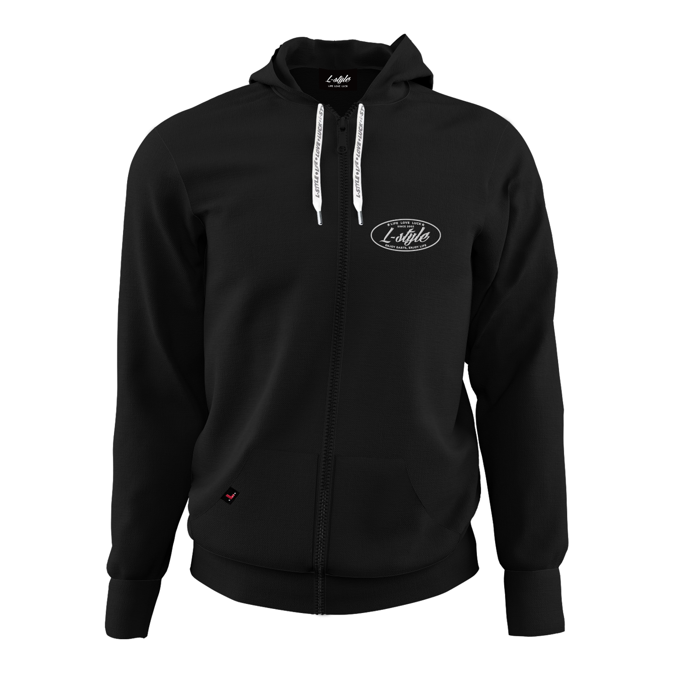 L-Style hoodie - zwart Das Bild zeigt einen schwarzen Hoodie mit Reißverschluss und Kapuze. Auf der Brust befindet sich ein weißes "L-Style"-Logo.