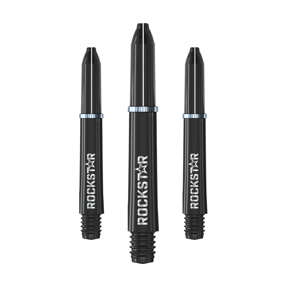 Winmau Joe Cullen Rockstar Nylon Shafts Zwart Das Bild zeigt drei schwarze Dartschäfte mit der Aufschrift "ROCKSTAR". Sie sind jeweils mit einem silbernen Metallring versehen.