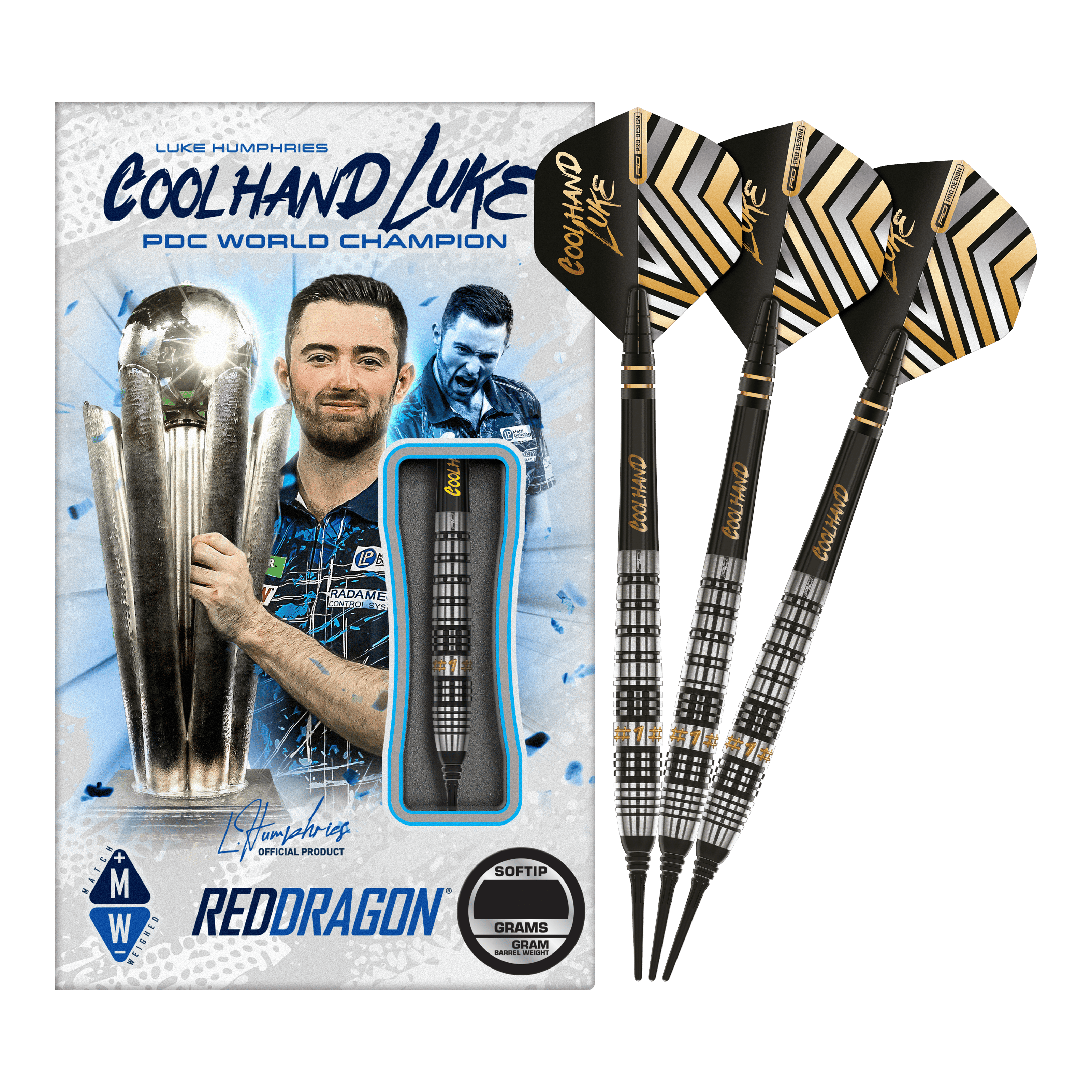 Auf dem Bild sind die Red Dragon Luke Humphries Prestige Softdarts mit 20g Gewicht zu sehen. Die Verpackung zeigt ein Bild von Luke Humphries und die Darts sind schwarz mit silbernen und goldenen Details.