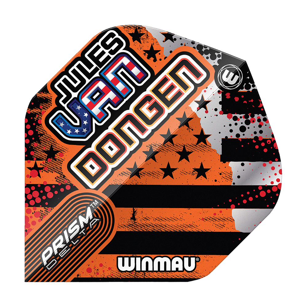Winmau Prism Delta Jules Van Dongen Standaardvluchten Das Bild zeigt ein Winmau Prism Delta Dart-Flight mit dem Namen "Jules Van Dongen". Das Flight-Design enthält auffällige Farben, Sterne und Streifen sowie den Schriftzug "Winmau".