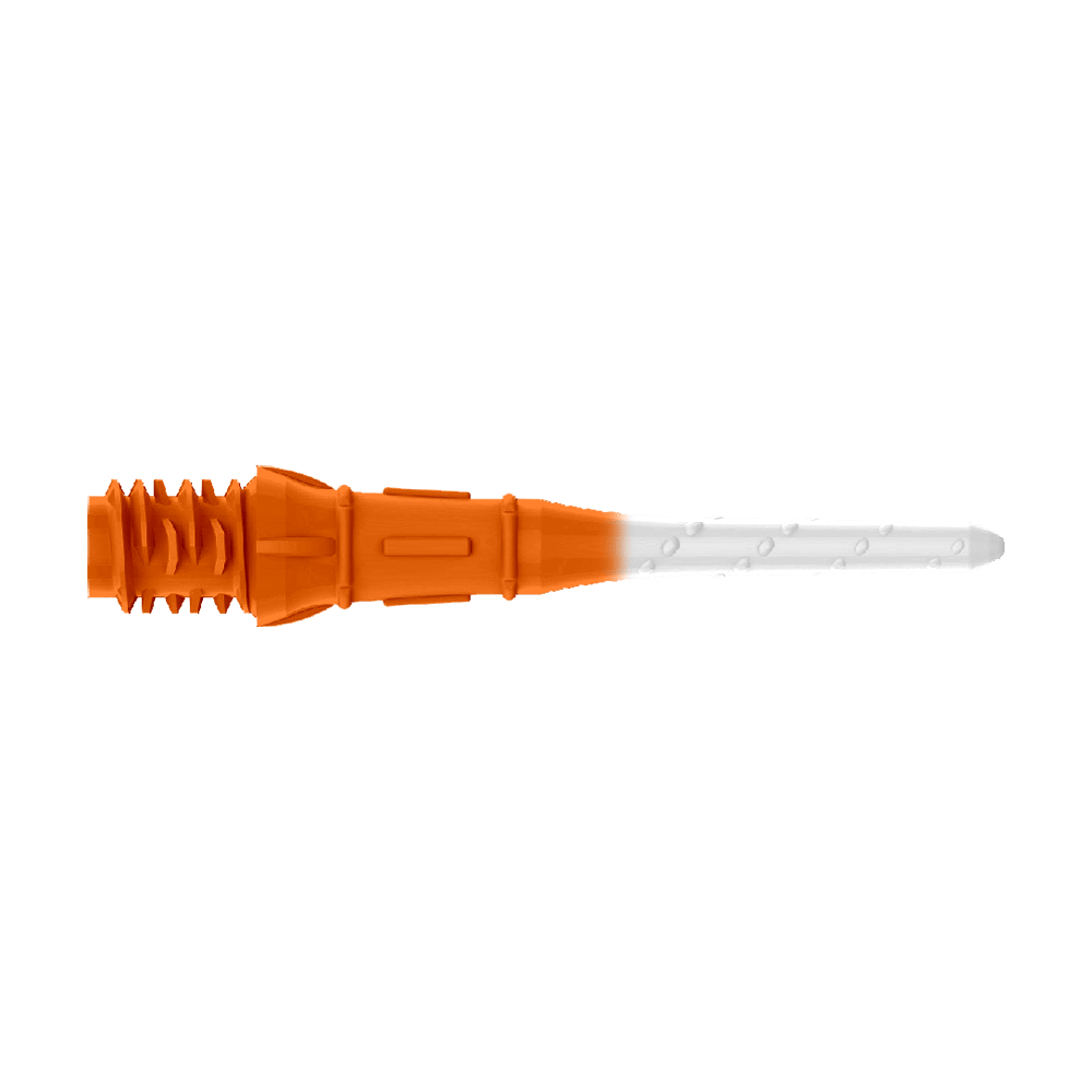 L-Style Premium Two Tone Lippoints (verpakking van 30) Das Bild zeigt eine zweifarbige Kunststoffspitze, die auf einer Seite orange und auf der anderen weiß ist. Es handelt sich um eine Ersatzspitze für ein elektronisches Dart.