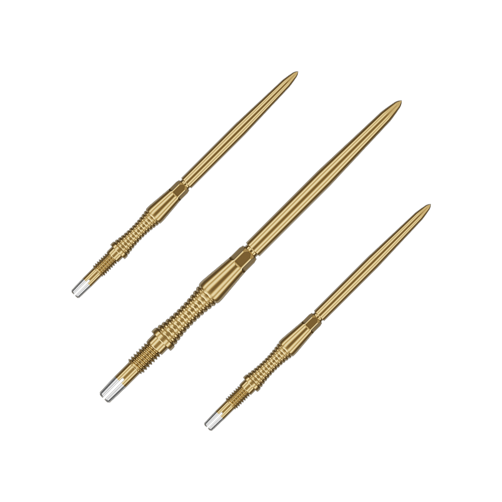 Das Bild zeigt ein Set von Target Swiss Point Dartspitzen Signature RST in Gold, 42mm. Das Set enthält mehrere identische Dartspitzen mit strukturierter Oberfläche.