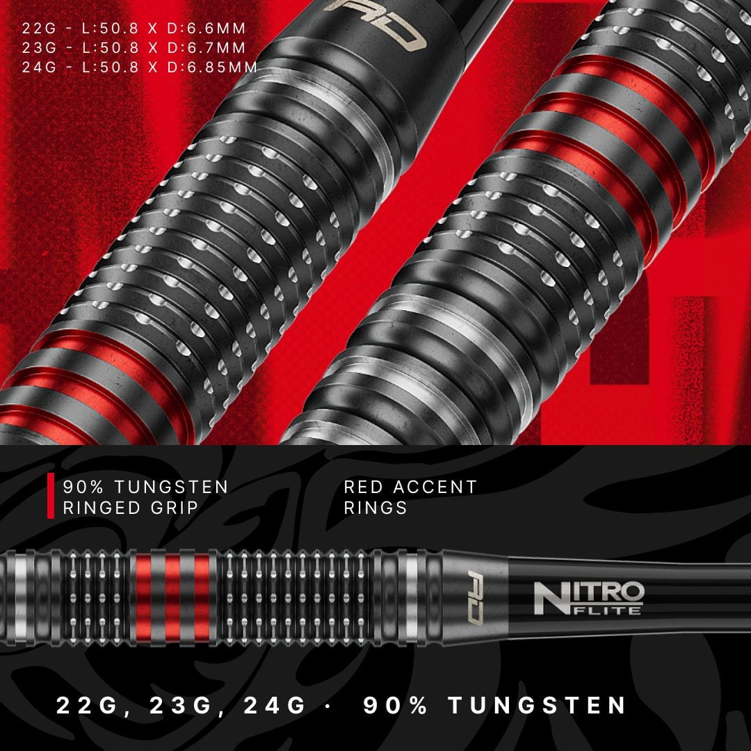 Hier sieht man die Red Dragon Jonny Clayton RD-PRO Switch Point Steeldarts. Die Pfeile sind aus Metall und mit schwarzen Elementen versehen.
