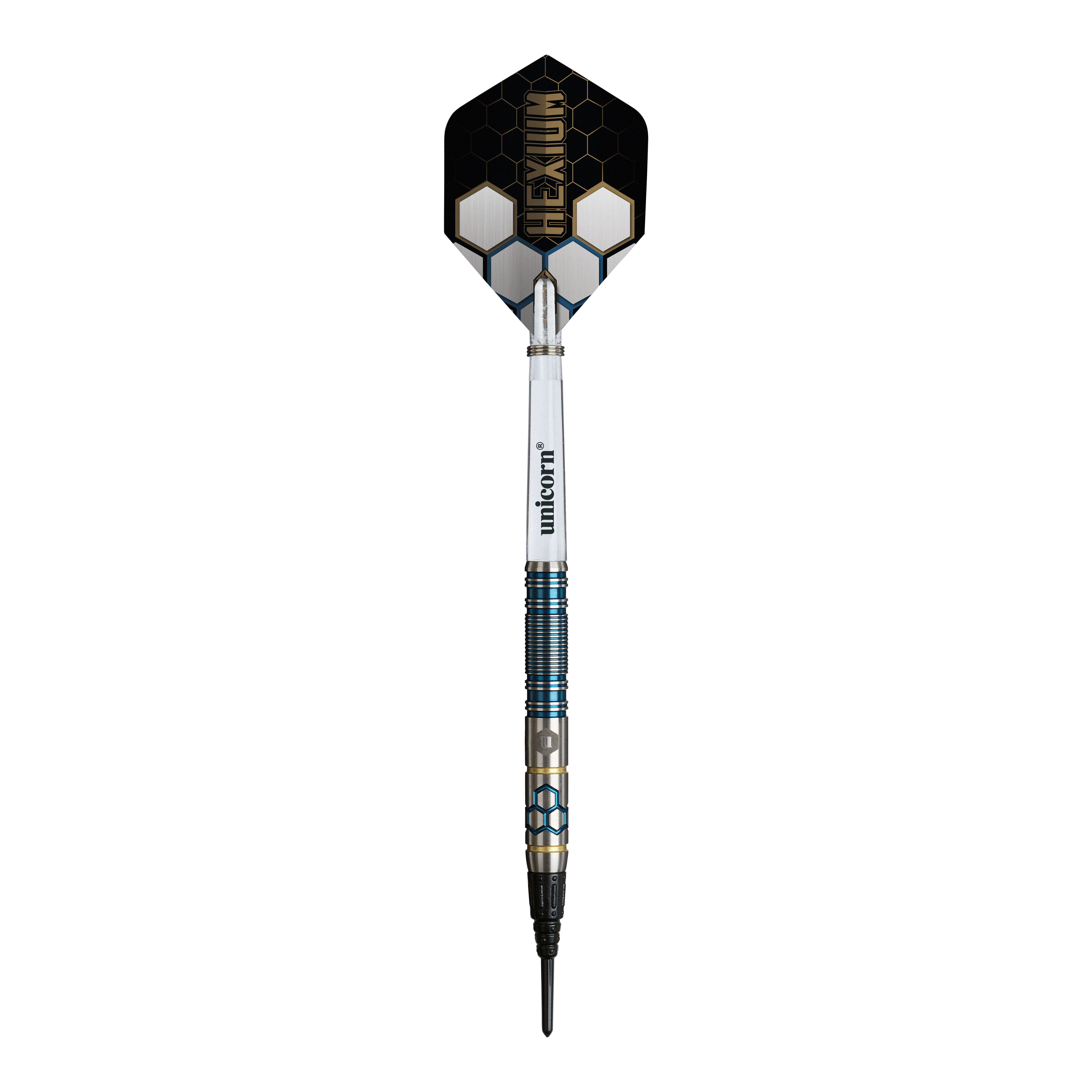Unicorn Hexium Style 02 Blauw & Goud Zachte Dartpijlen - 21 g Hier sieht man die Unicorn Hexium Style 02 Blue & Gold Softdarts - 21g. Die Darts sind in Blau und Gold gehalten.