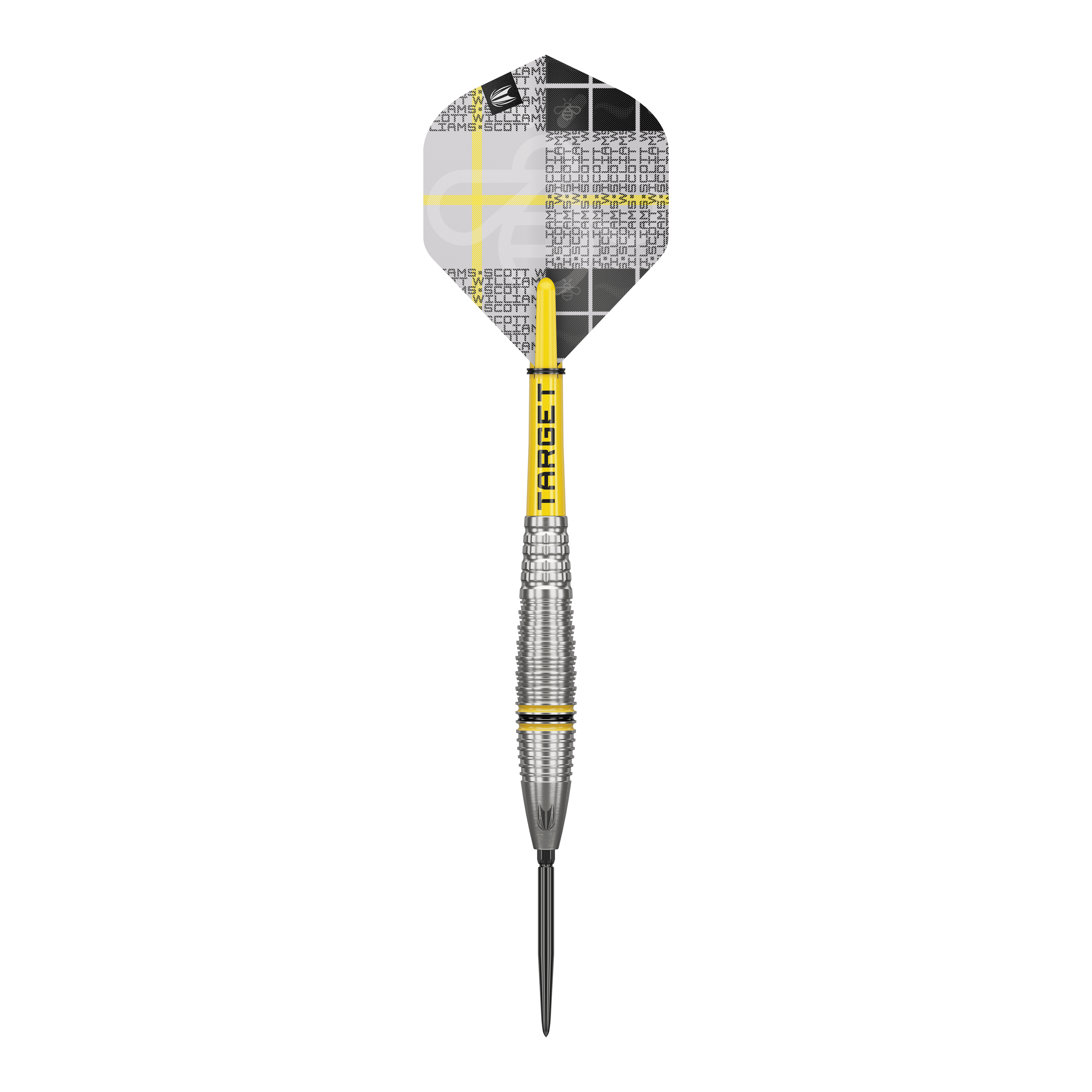 Dieses Bild zeigt einen Target Scott Williams GEN2 Swiss Point Steeldart. Der Dartpfeil hat ein silbernes Griffstück mit gelben Akzenten und ein individuell gestaltetes Flight-Design.