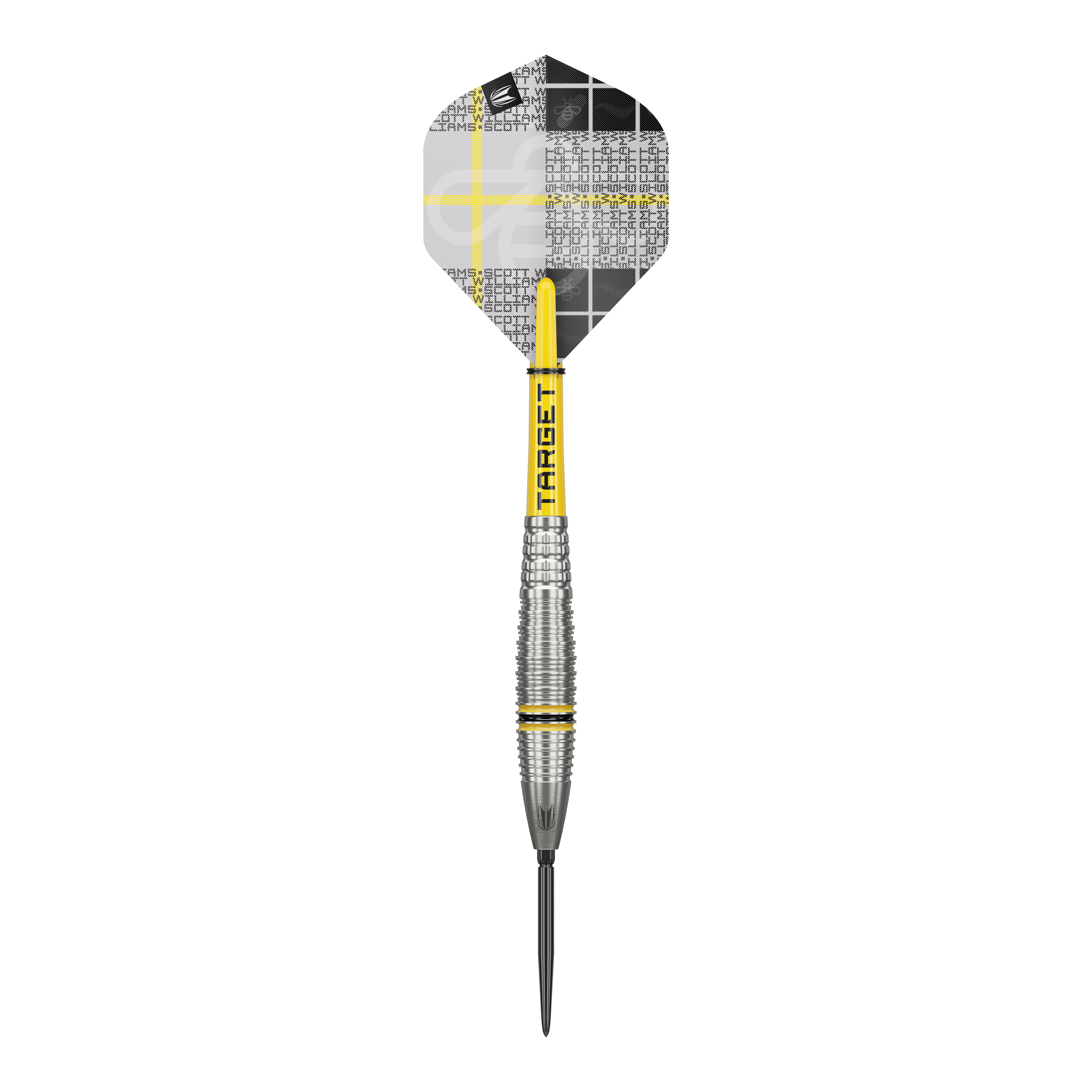 Target Scott Williams GEN2 Swiss Point steel darts Dieses Bild zeigt einen Target Scott Williams GEN2 Swiss Point Steeldart. Der Dartpfeil hat ein silbernes Griffstück mit gelben Akzenten und ein individuell gestaltetes Flight-Design.
