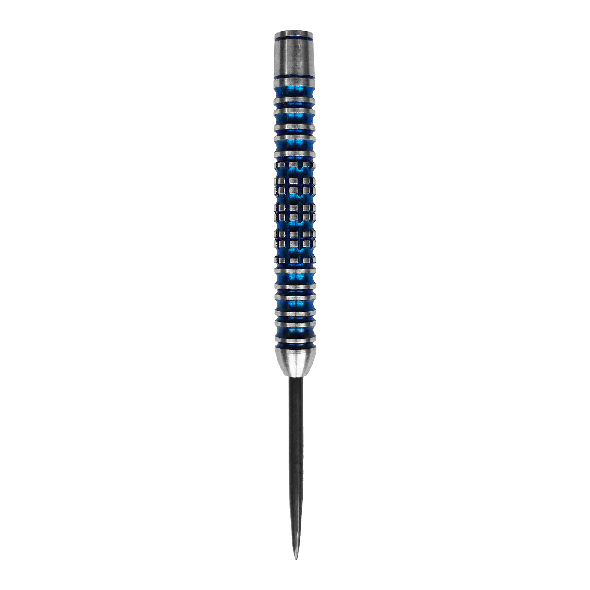 McDart Ocean Steeldart Vaten - 23g Das Bild zeigt ein McDart Ocean Steeldart Barrel mit einem Gewicht von 23g. Der Barrel hat ein silber-blaues Design mit Rillen und einem spitzen Ende.