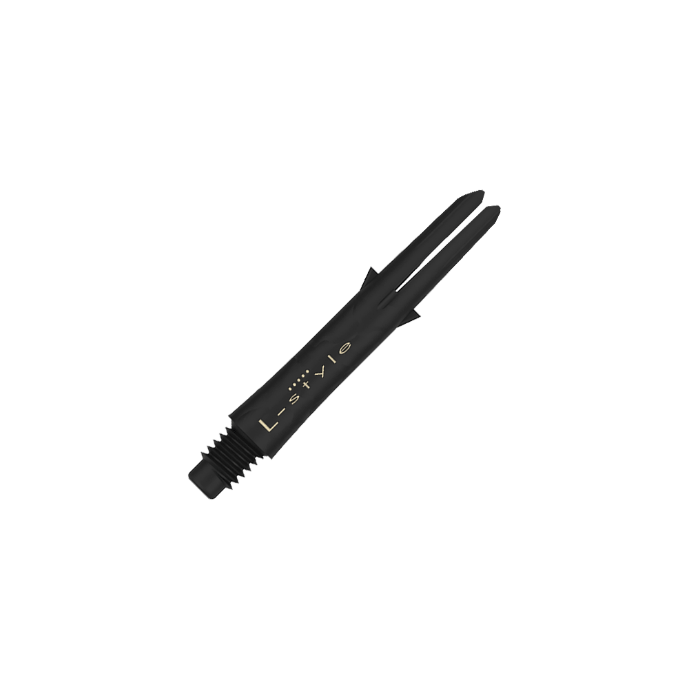 L-Style carbon schachten Das Bild zeigt einen schwarzen Carbon-Dartshaft ohne Kappen mit der Aufschrift "L-style". Der Schaft ist 32 mm lang und hat ein Schraubgewinde am Ende.
