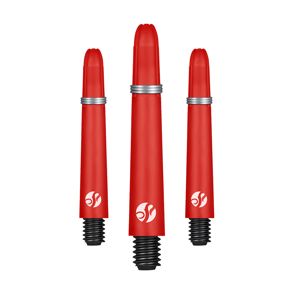 Shot Koi Carbon Shafts - Rood Auf dem Bild sind drei rote Dartschäfte in unterschiedlichen Längen zu sehen. Sie haben silberne Ringe und ein weißes Logo am unteren Ende.