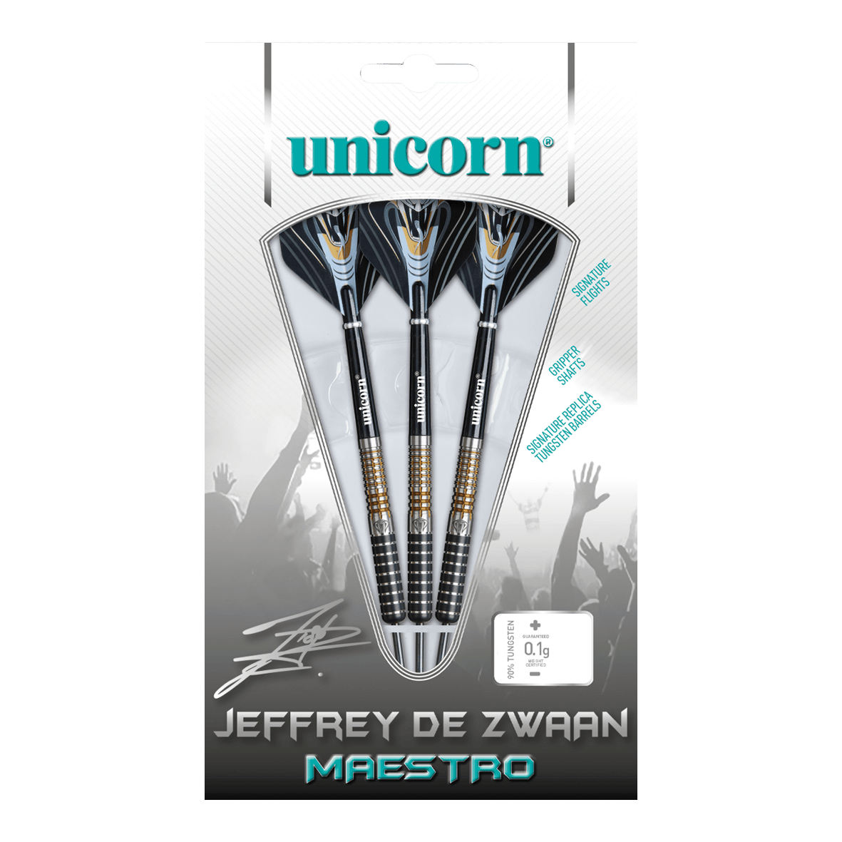 Unicorn Maestro Jeffrey De Zwaan Phase 3 stalen dartpijlen Das Bild zeigt eine Verpackung mit drei Steeldarts der Marke Unicorn, Modell „Jeffrey De Zwaan Maestro“. Die Darts sind in einer transparenten Blisterverpackung sichtbar und auf der Verpackung steht der Name des Produkts.