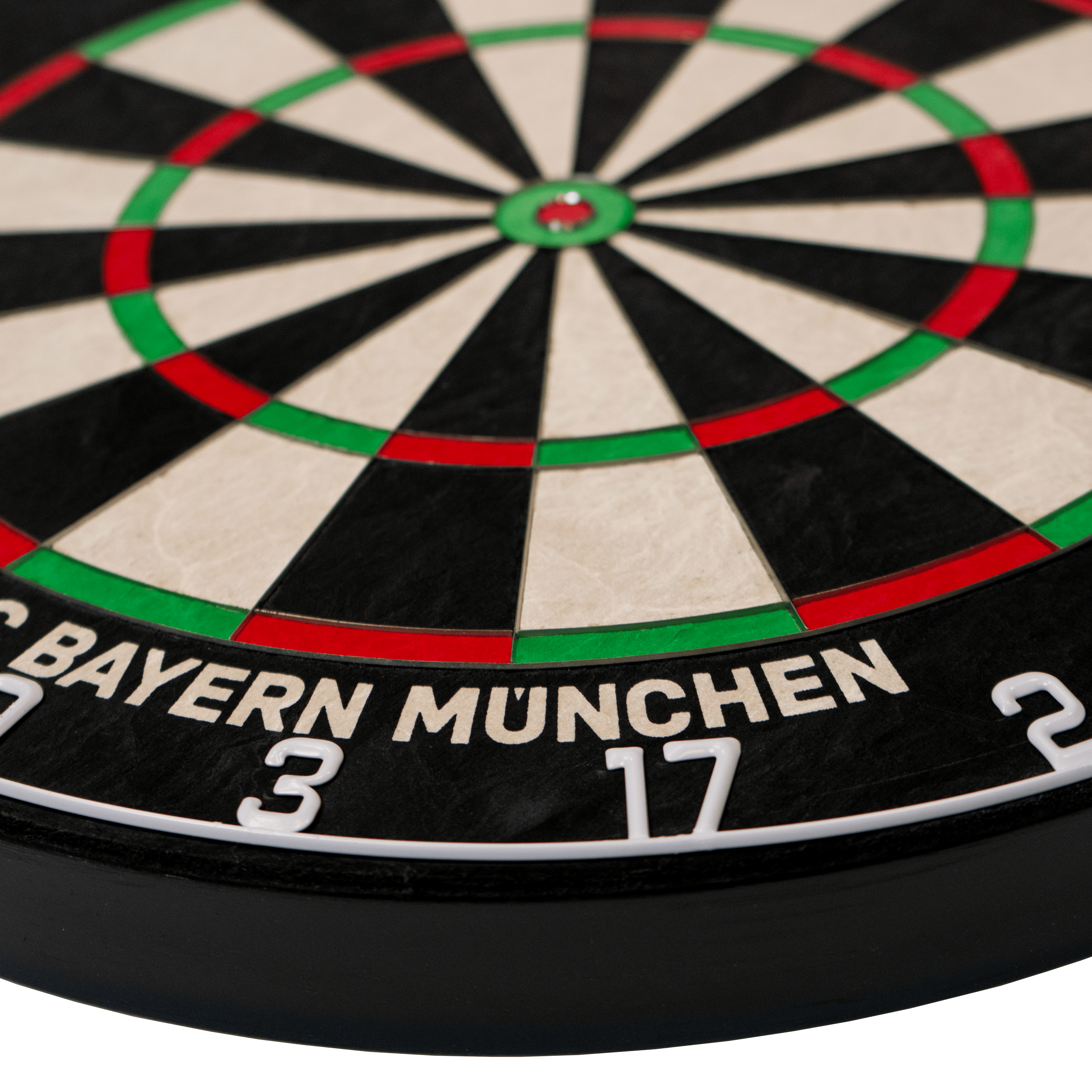 Bulls FC Bayern München dartbord van borstelstaal Das Bild zeigt das Bulls FC Bayern München Bristle Steeldartboard. Es handelt sich um eine Scheibe zum Dartspielen mit dem Logo des FC Bayern München.
