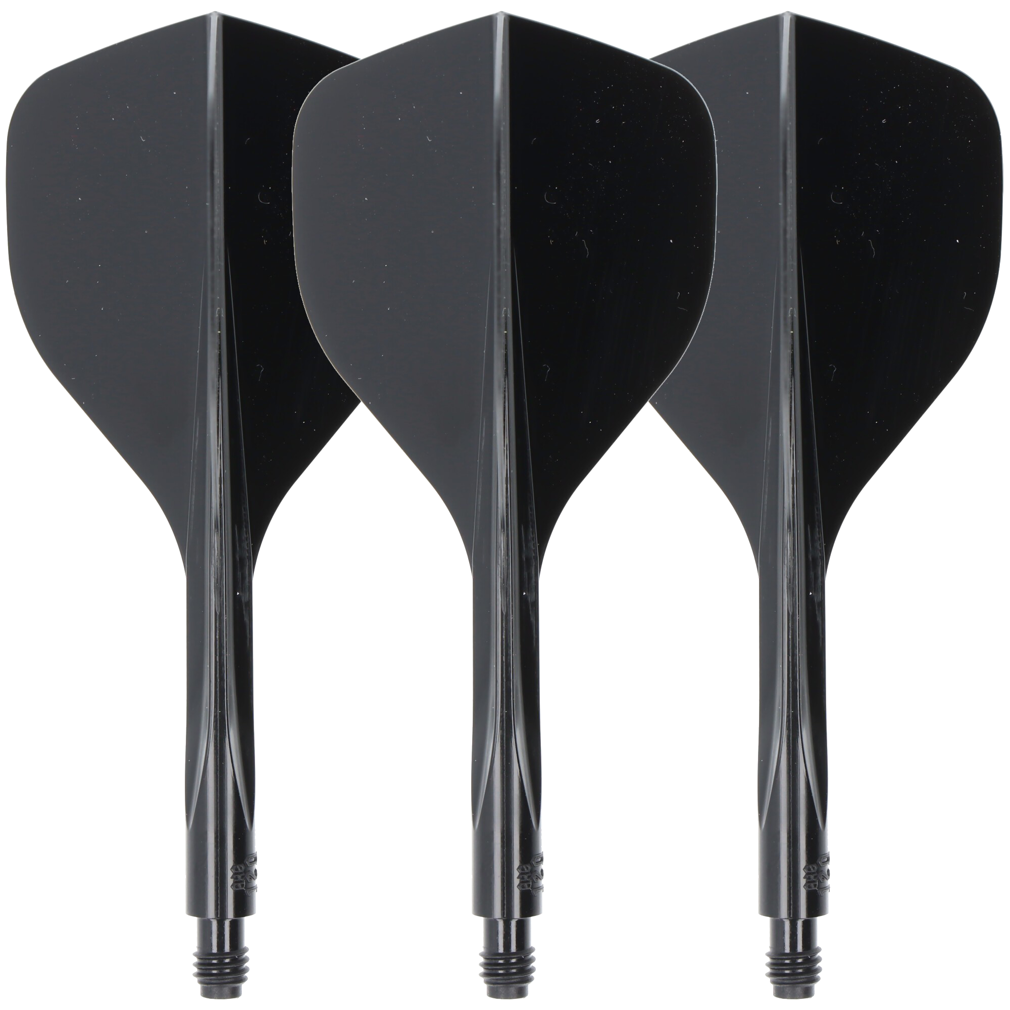 Condor Axe 120 Flight-System Black - Standard Das Bild zeigt drei schwarze Dartflights mit integriertem Schaft. Es handelt sich um das Produkt "Condor Axe 120 Flight-System Black - Standard".