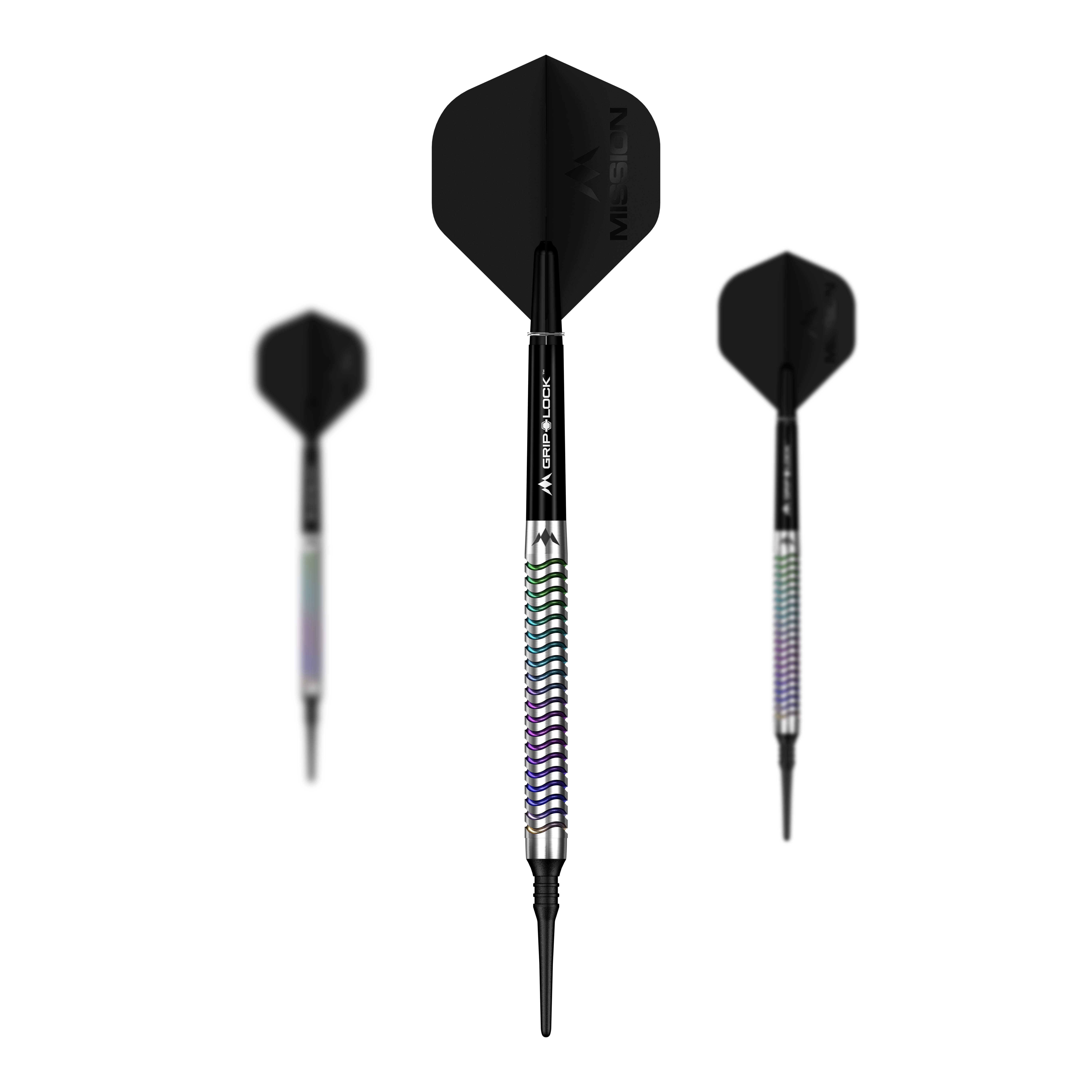 Das Bild zeigt ein Set der Mission Mirage Softdarts - 20g. Alle Teile des Dart-Sets sind zu erkennen.