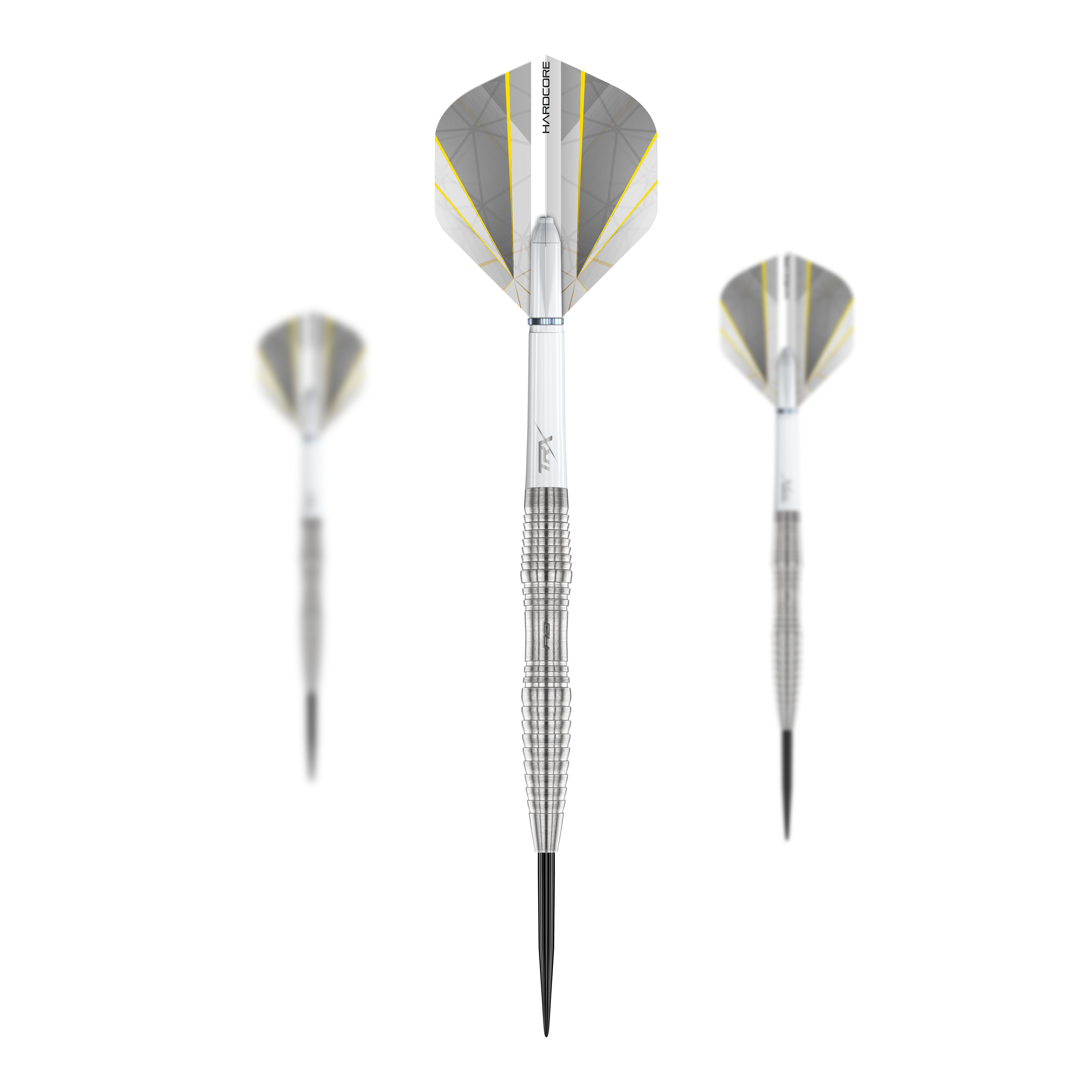 Red Dragon Seren 3 Pure Steeldarts Das Bild zeigt drei Red Dragon Seren 3 Pure Steeldarts. Die Darts haben silberne Spitzen und silbergraue Flights mit gelben Akzenten.
