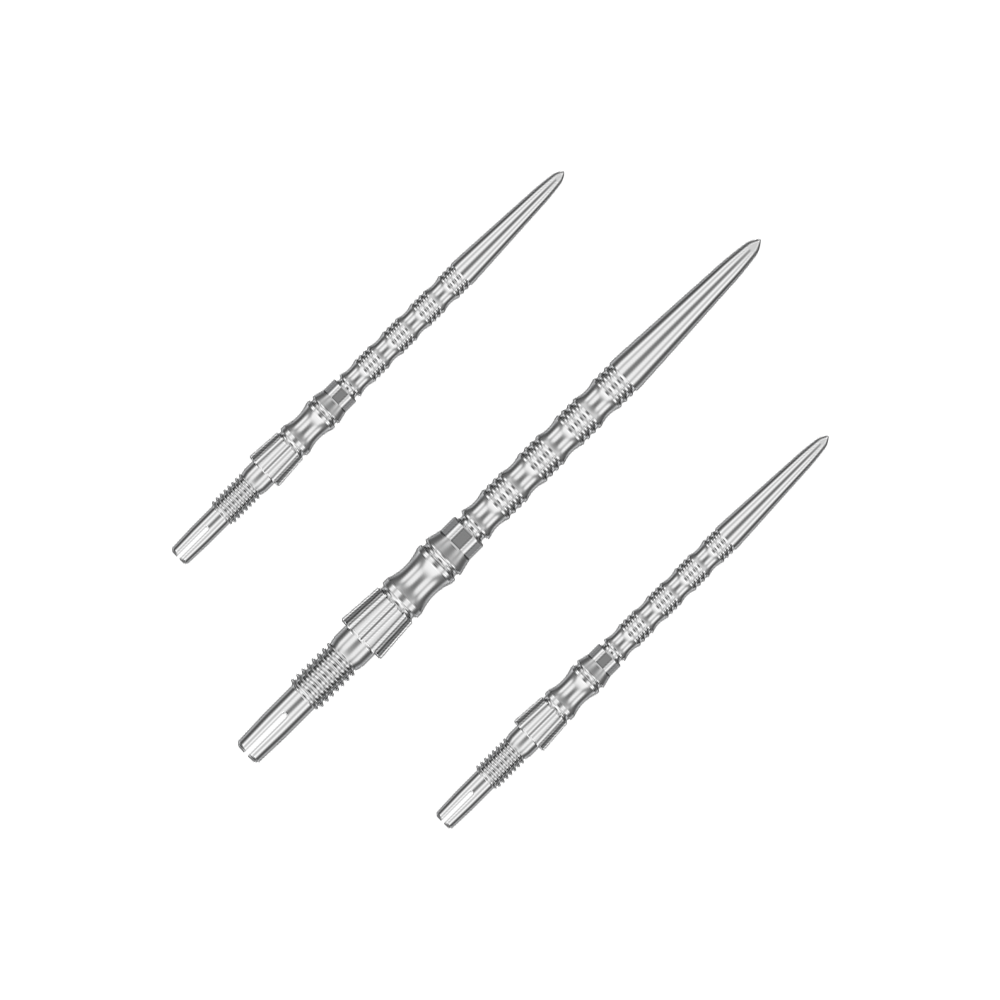 Target Signature Swiss Point TRB stalen dartpunten - zilver Silberne Dartspitzen mit einer Länge von 35 mm sind abgebildet. Das Bild zeigt ein Set der Target SwissPoint Signature TRB Dartspitzen.