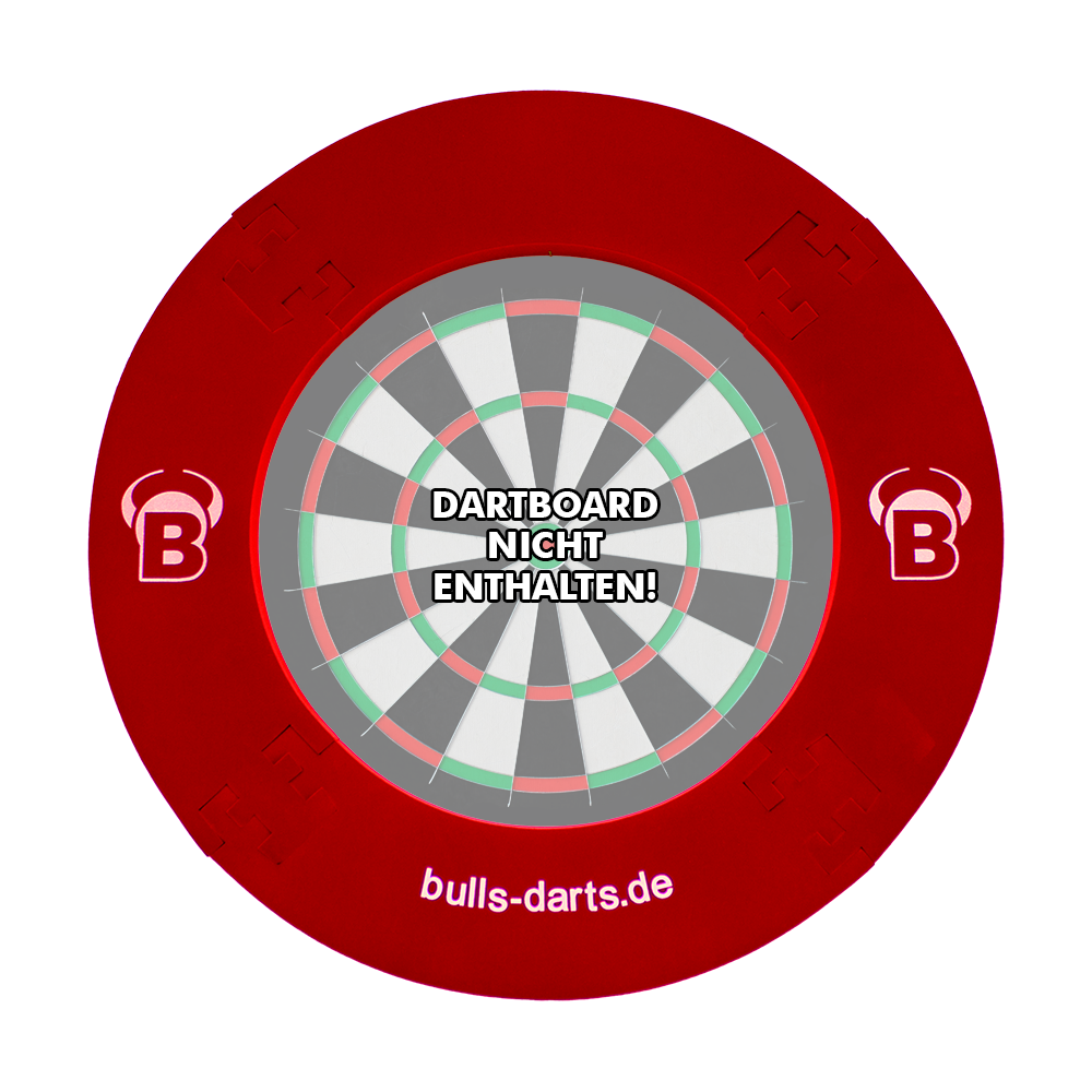 DBS3R_Bulls_Quarterback_Surround_Rot_1DiJpQZI2JAF0s Das Bild zeigt das Produkt "Quarterback Surround", einen roten Dartboard-Surround-Ring. In der Mitte steht der Hinweis "Dartboard nicht enthalten!"