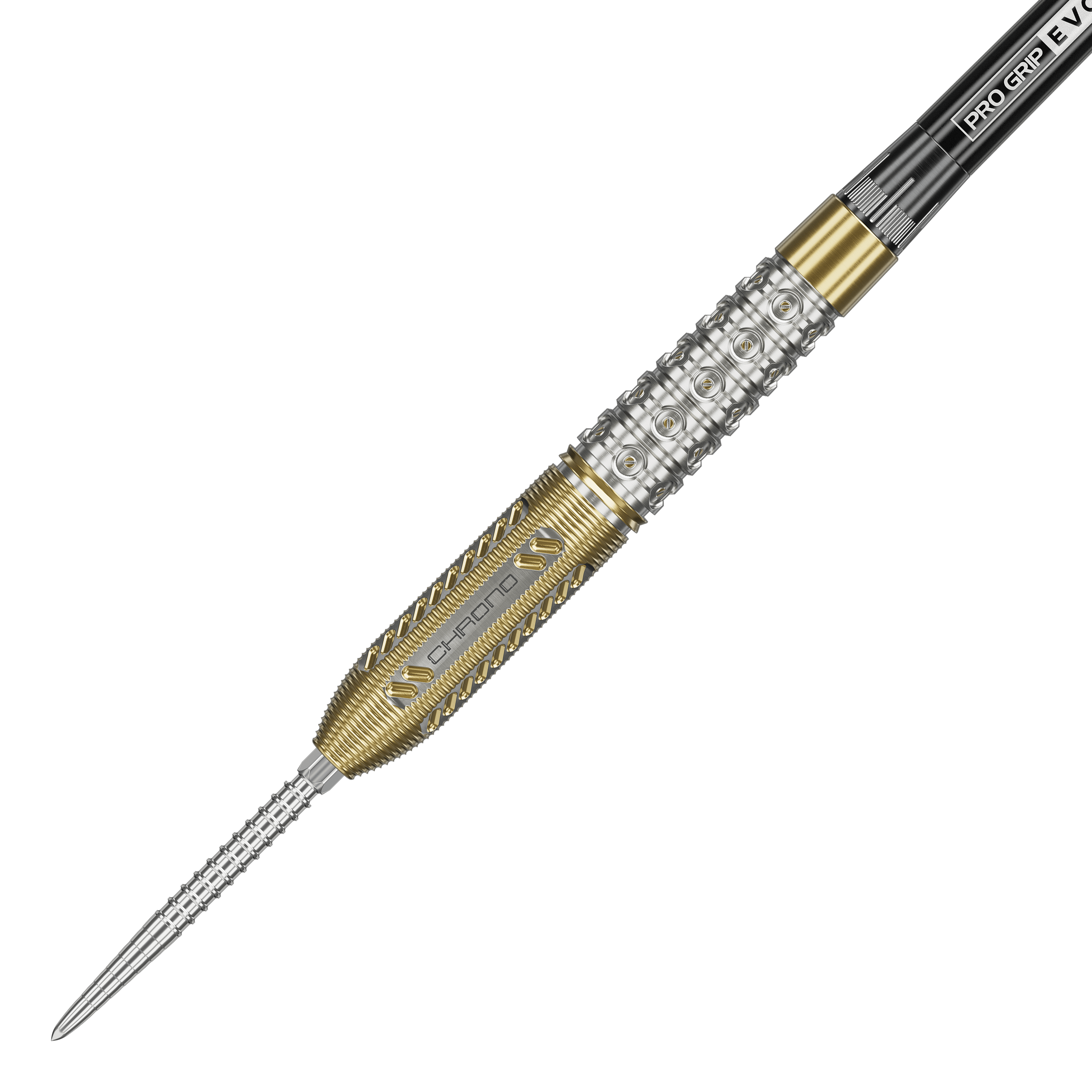 Target Raymond Van Barneveld Chrono 95 Swiss Point Steel Darts Das Bild zeigt einen Steeldart aus der Produktreihe "Target Raymond Van Barneveld Chrono 95 Swiss Point". Der Dartpfeil hat ein silbernes und goldenes Griffstück mit detaillierten Gravuren und Mustern.