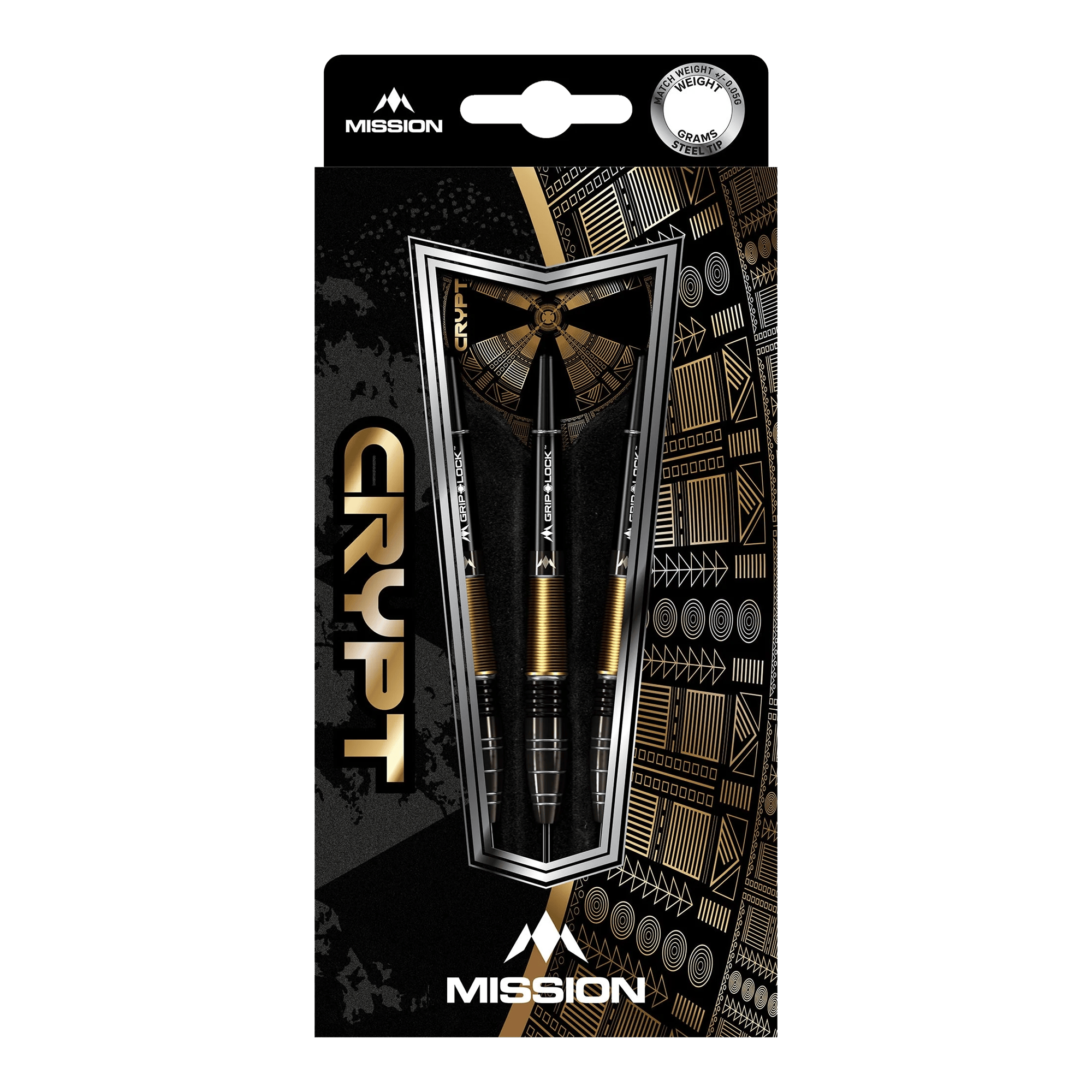 Mission Crypt Model 1 Steel Darts - 22g Die Abbildung zeigt die Verpackung der "Mission Crypt Model 1 Steeldarts - 22g". Drei schwarze und goldene Steeldarts sind in einer stilvollen Box mit geometrischen Mustern angeordnet.