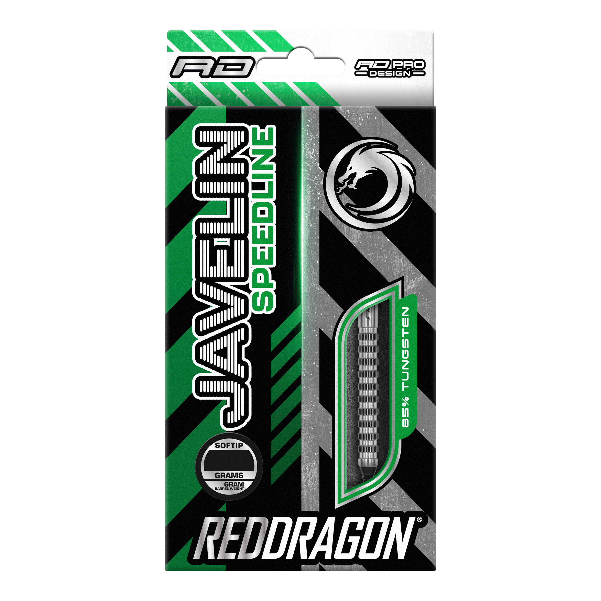 Red Dragon Javelin Speedline Zachte Darts - 20g Die Verpackung zeigt die "Red Dragon Javelin Speedline Softdarts" mit 20 Gramm Gewicht. Das Design ist grün, schwarz und silbern und hebt 85% Tungsten hervor.