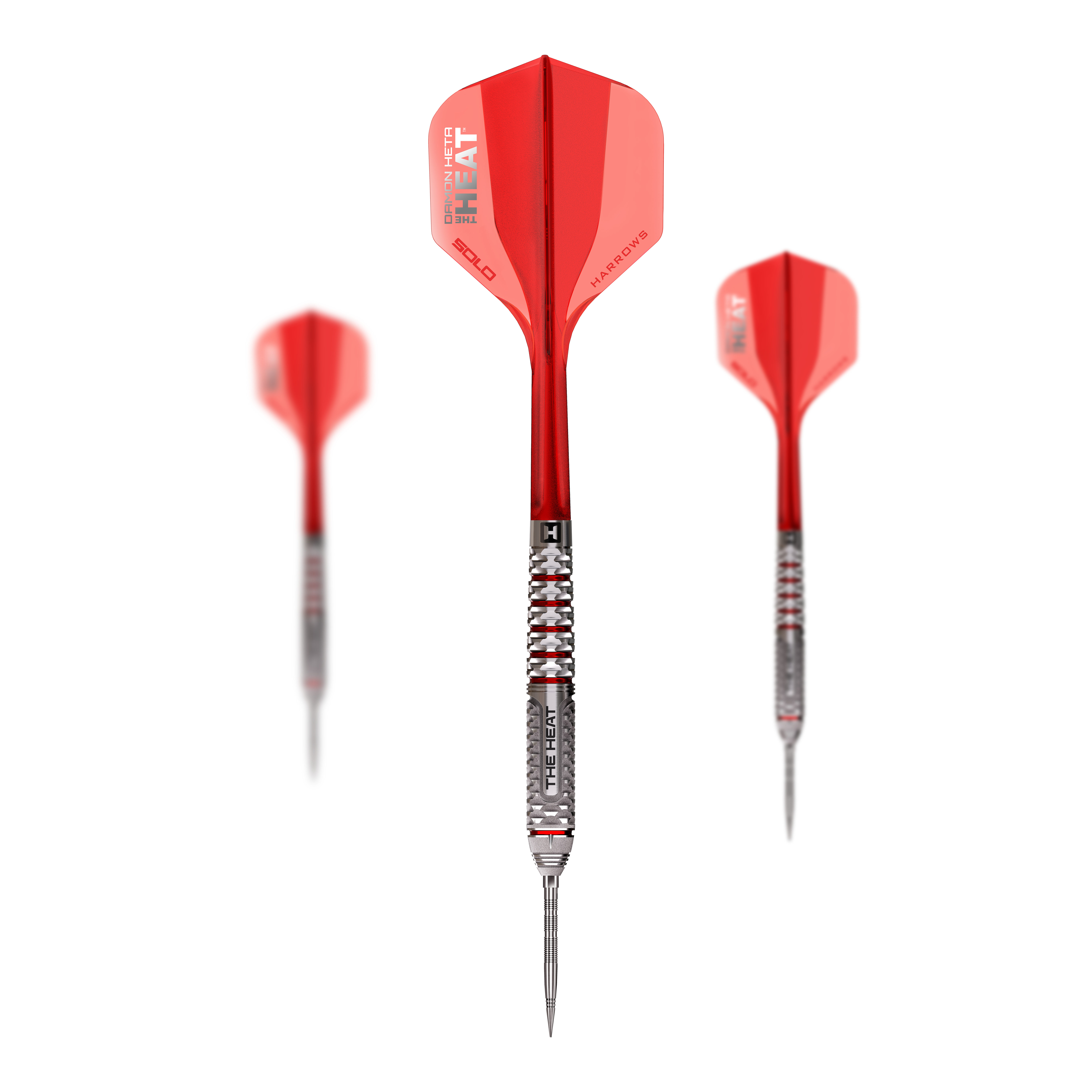 Ein Set Steeldarts der Damon Heta GEO QuickPoint Reihe ist dargestellt. Die Darts sind fein verarbeitet und modern.