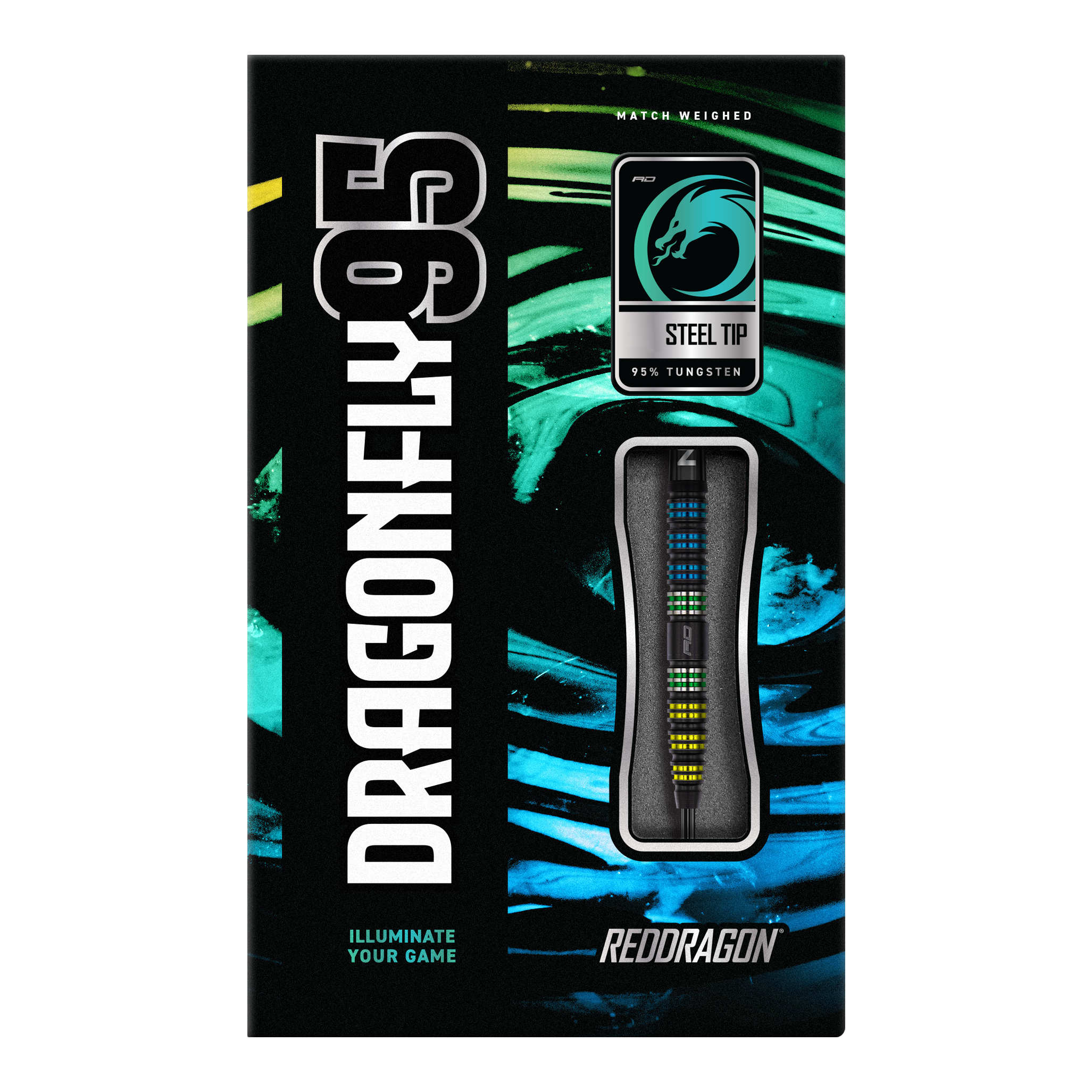 Red Dragon Dragonfly 95 Zwarte Taps Toelopende Stalen Darts Auf dem Bild ist die Verpackung der "Red Dragon Dragonfly 95 Black Tapered Steeldarts" zu sehen. Die Schachtel hebt das Design der Darts sowie den Schriftzug und die Materialien hervor.