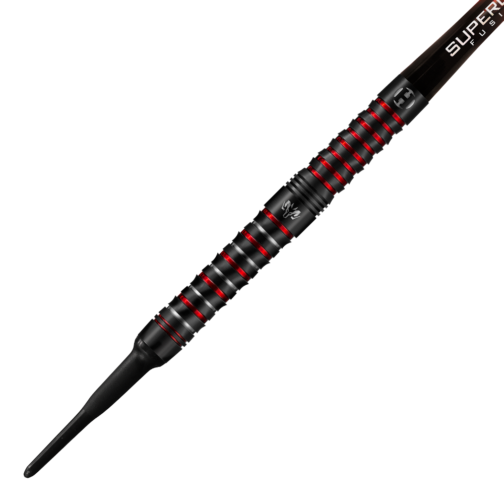 HA17041-Harrows-Wolfram-Infinity-97-Tungsten-Softdarts-2 Das Bild zeigt einen Harrows Wolfram Infinity 97% Tungsten Softdart. Der Dart ist schwarz mit roten Akzenten und hat eine strukturierte Griffzone.
