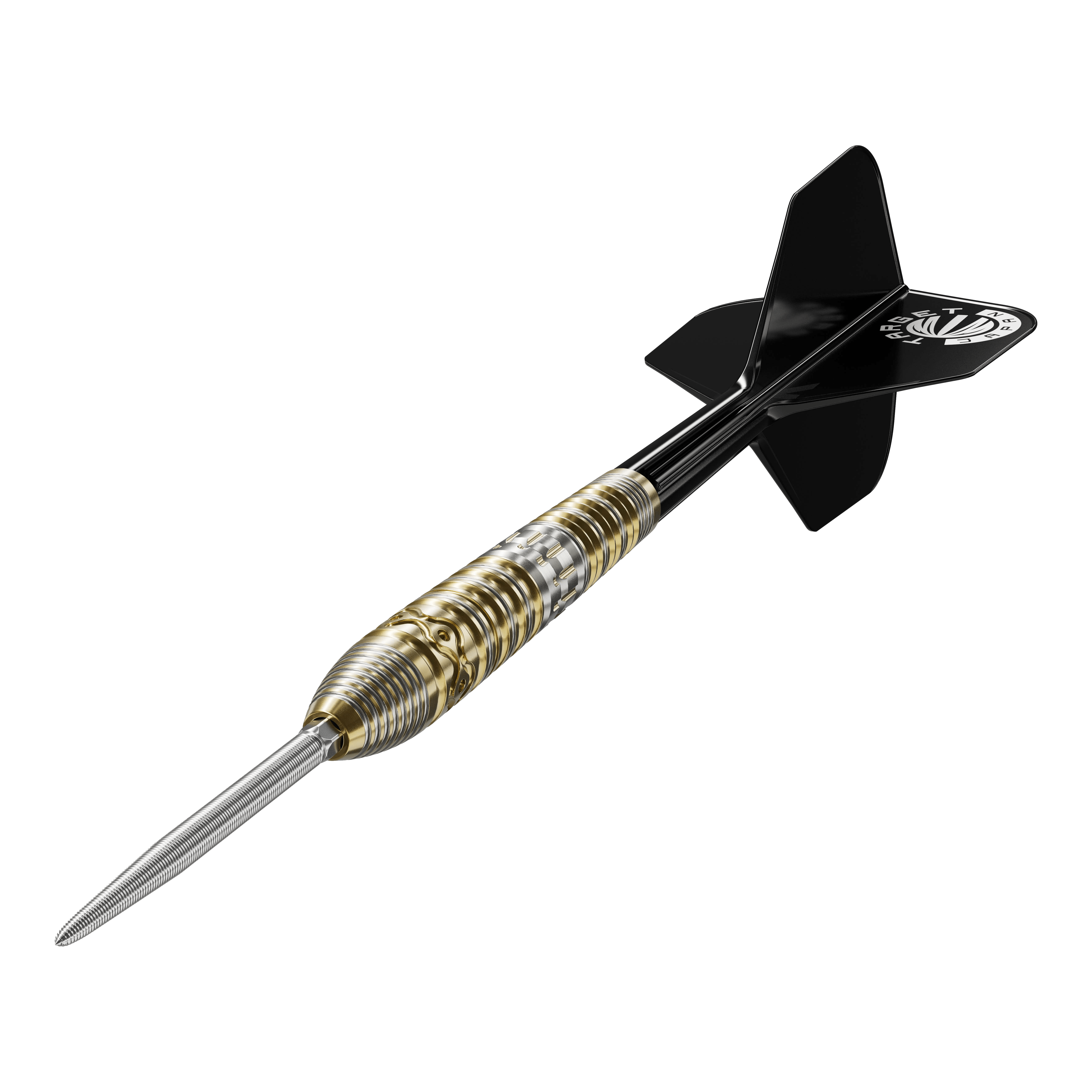Target Japan Hot Shot GEN2 stalen darts - 23g Das Bild zeigt einen Target Japan Hot Shot GEN2 Steeldart mit einem Gewicht von 23g. Der Dart hat einen metallischen, geriffelten Griffbereich und schwarze Flights.
