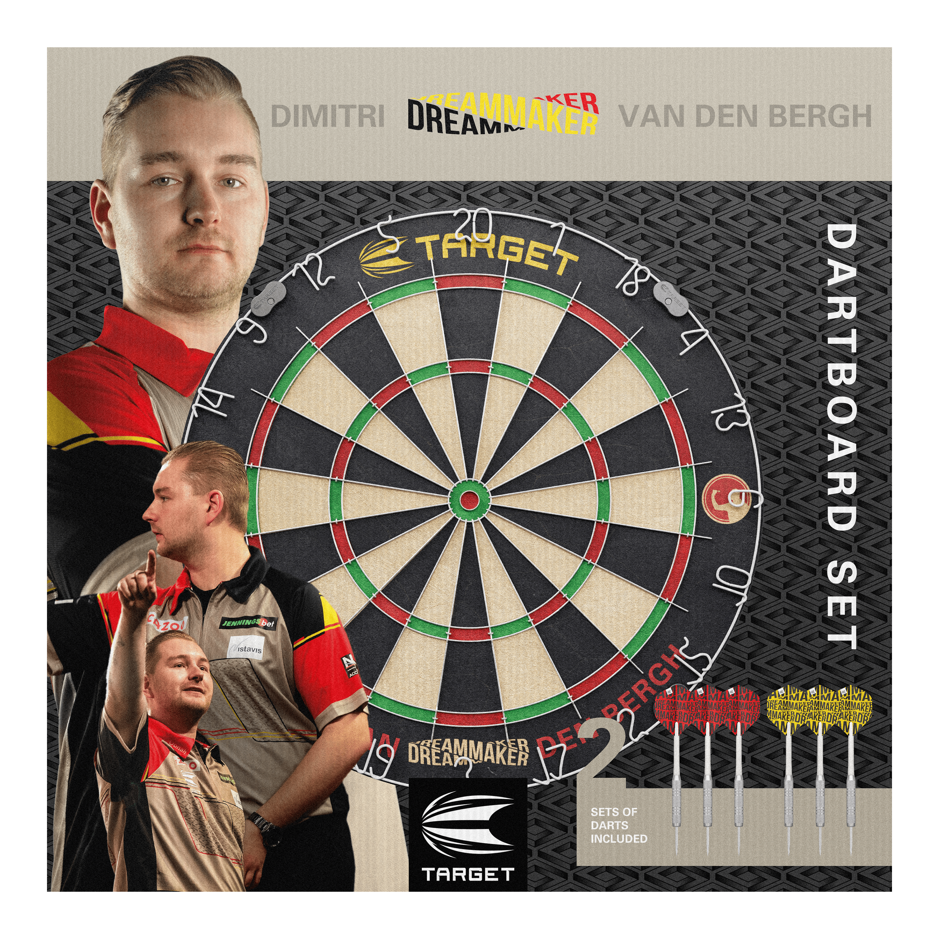 Target Dimitri Van Den Bergh stalen dartbordset Das Bild zeigt das Produkt "Target Dimitri Van Den Bergh Steeldartboard Set" mit einer großen Dartscheibe in der Mitte. Rechts unten sieht man sechs mitgelieferte Darts und im Hintergrund ist Dimitri Van Den Bergh mehrfach abgebildet.