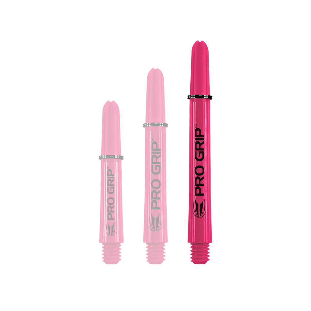 Target Pro Grip Shafts - 3 sets - Roze Das Bild zeigt drei pinke Pro Grip Shafts in verschiedenen Längen. Sie stehen nebeneinander und haben die Aufschrift "PRO GRIP".