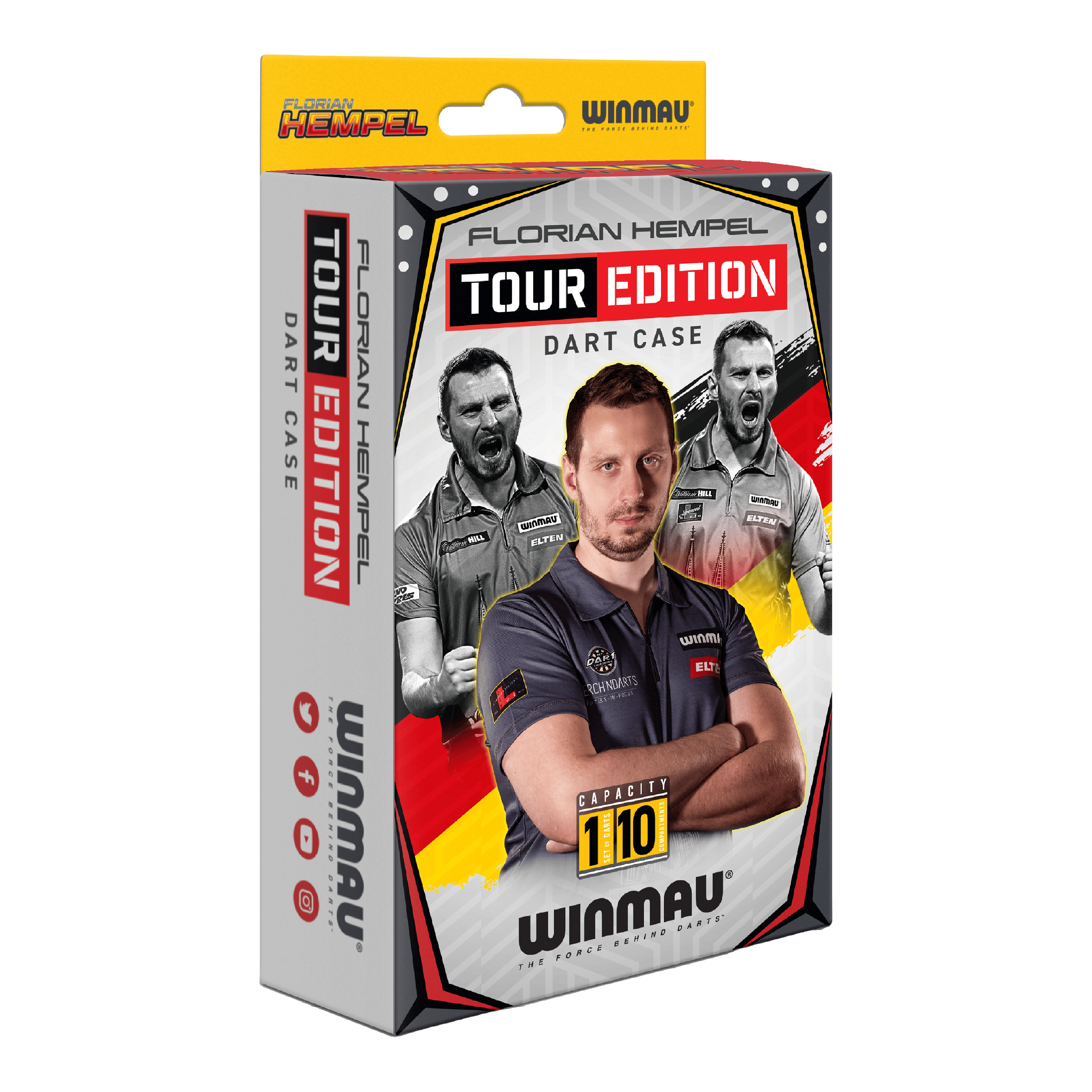 Winmau Florian Hempel Tour Edition dartkoker Die Verpackung zeigt das Produkt "Winmau Florian Hempel Tour Edition Dartcase". Auf der Vorderseite sind Bilder von Florian Hempel und der Hinweis auf eine Kapazität von 110 Darts abgebildet.