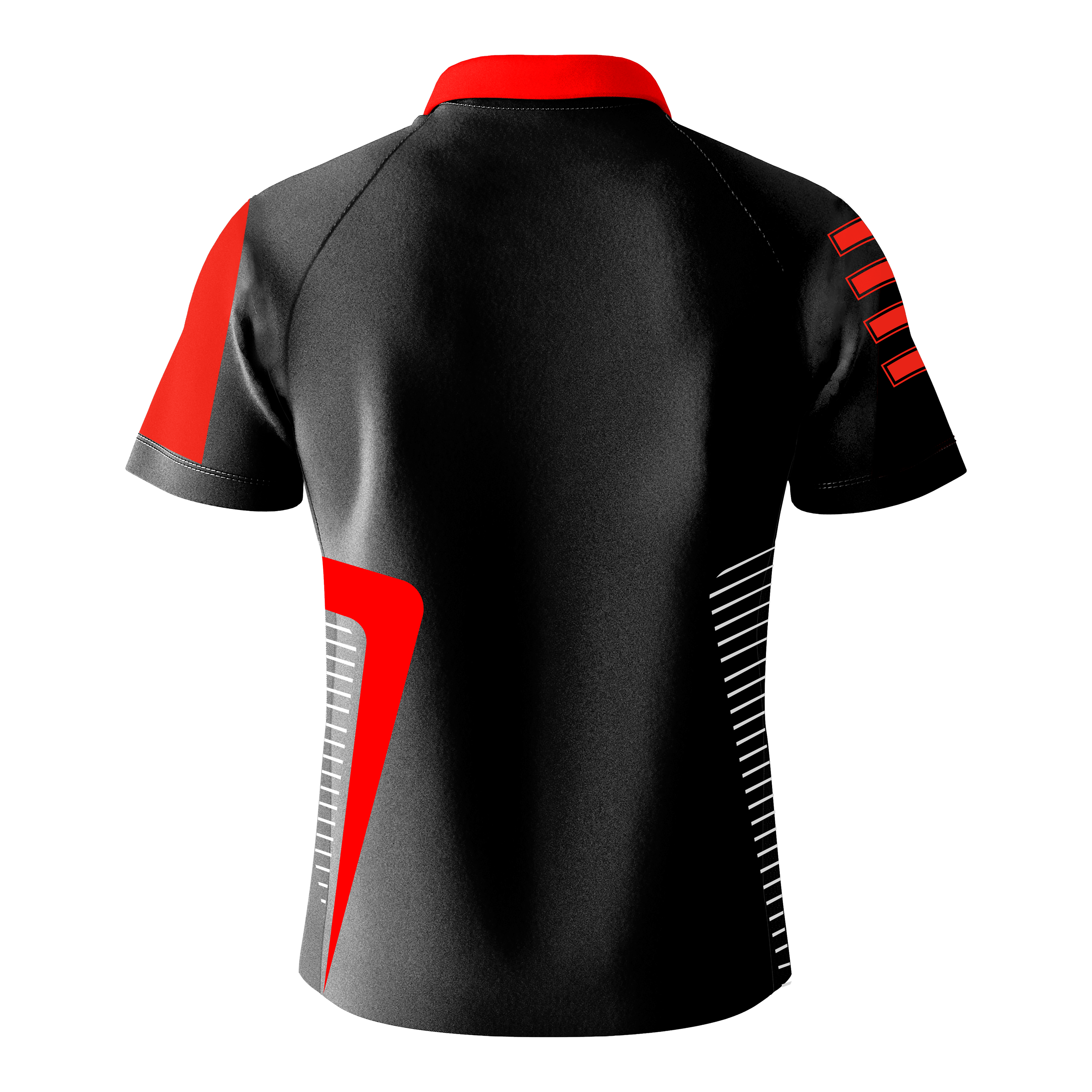 Bulls Team Dart Shirt - Rood Das Bild zeigt das Bulls Team Dartshirt in Rot von hinten. Das Shirt ist hauptsächlich schwarz mit roten und weißen Designelementen auf den Ärmeln und an den Seiten.