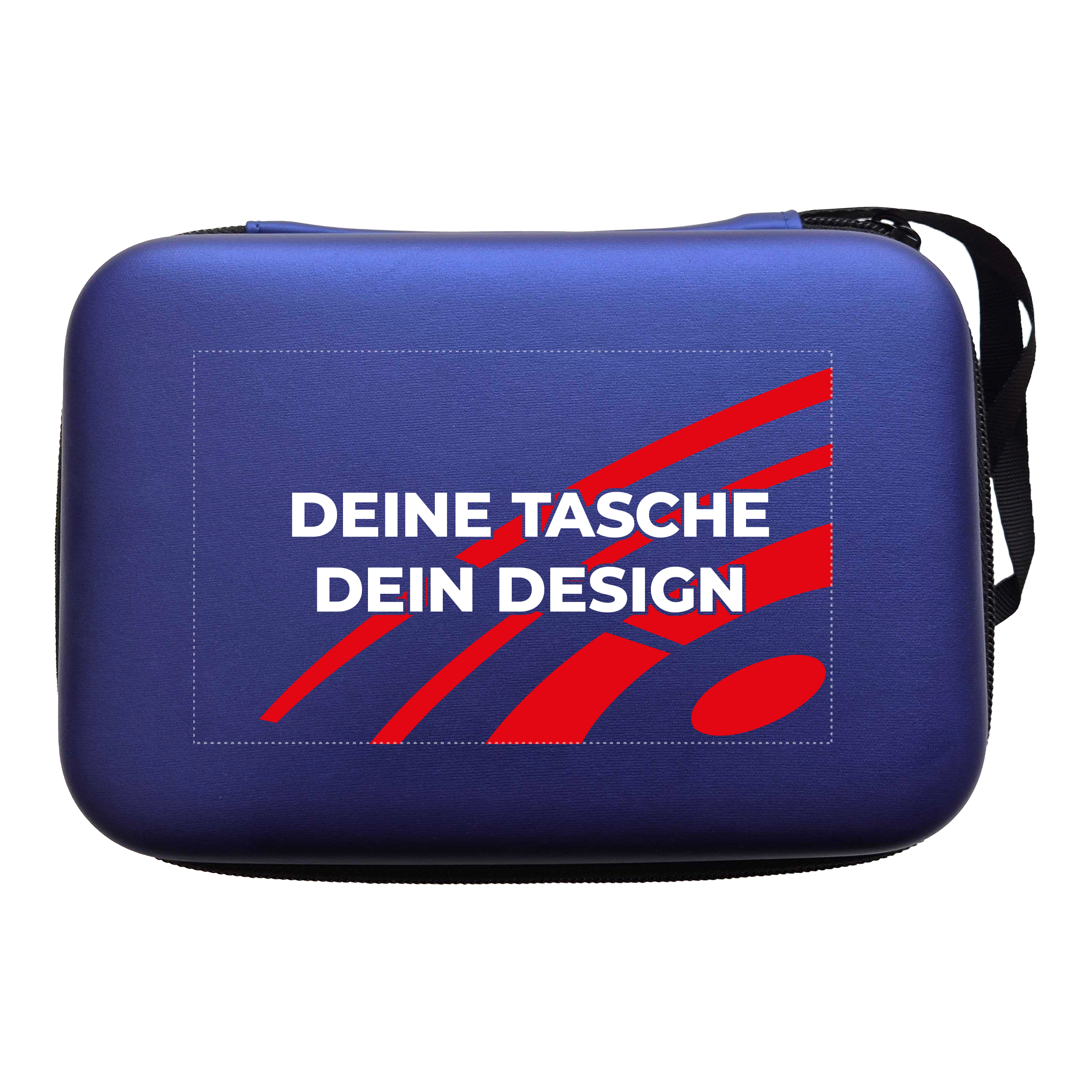 System-4 dartkoffer met jouw ontwerp Hier ist ein McDart System4 Dartcase in Blau Metallic zu sehen. Das Etui liegt geöffnet auf einer glänzenden Oberfläche.
