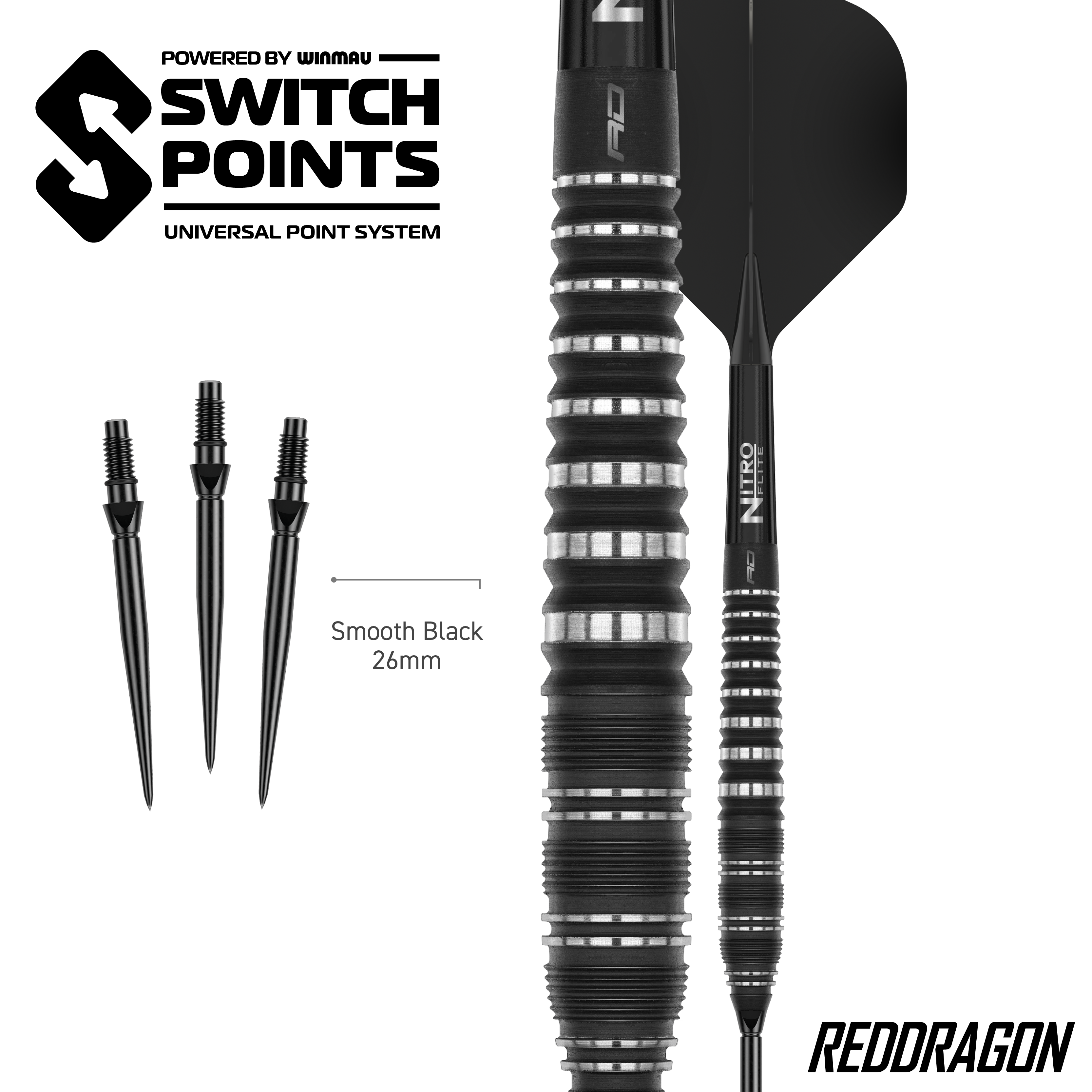 Zu sehen sind Red Dragon Sable Torpedo Switch Point Steeldarts. Diese Darts bieten gute Griffigkeit und Stabilität beim Wurf.