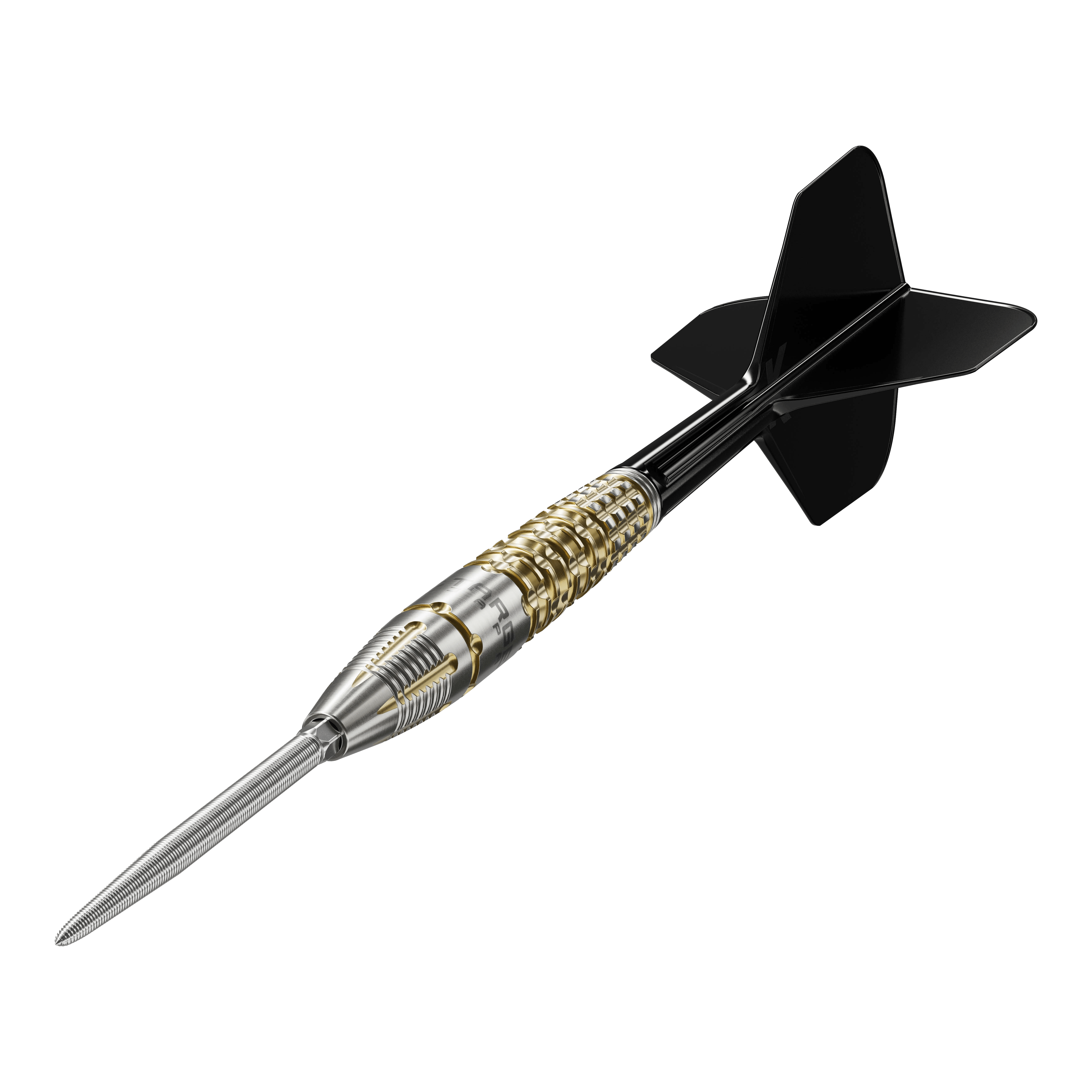 Target Black Marque Warrior Swiss Point Steel Darts Das Bild zeigt einen Target Black Marque Warrior Swiss Point Steeldart. Der Dart hat eine silberne Spitze, einen gold-silbernen Griff und schwarze Flights.