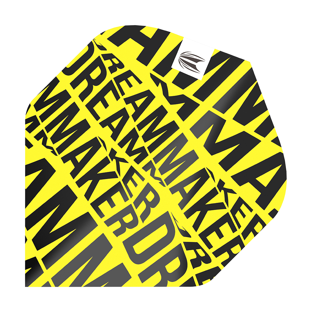 TG81_336570_Target_Pro_Ultra_Dimitri_Van_Den_Bergh_Yellow_No2_Standard_Flights_1 Das Bild zeigt ein gelbes Dartflight mit dem Aufdruck „DREAMMAKER“ in schwarzen Buchstaben. Es handelt sich um das Target Pro Ultra Dimitri Van Den Bergh Yellow No2 Standard Flight.