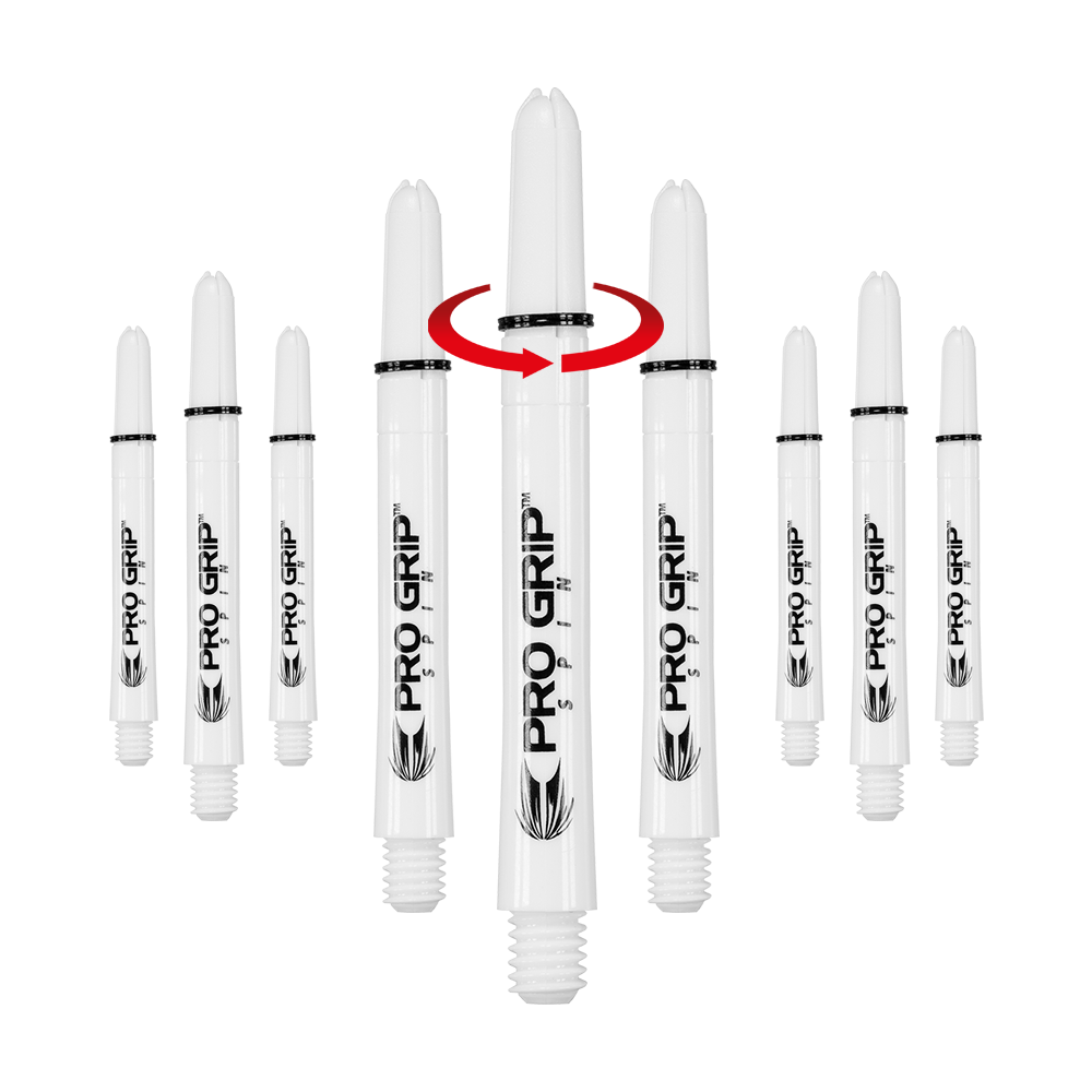 Das Bild zeigt mehrere weiße Dartschäfte mit der Aufschrift "Pro Grip Spin". In der Mitte ist ein Schaft mit einem roten Pfeil, der eine Drehbewegung anzeigt.