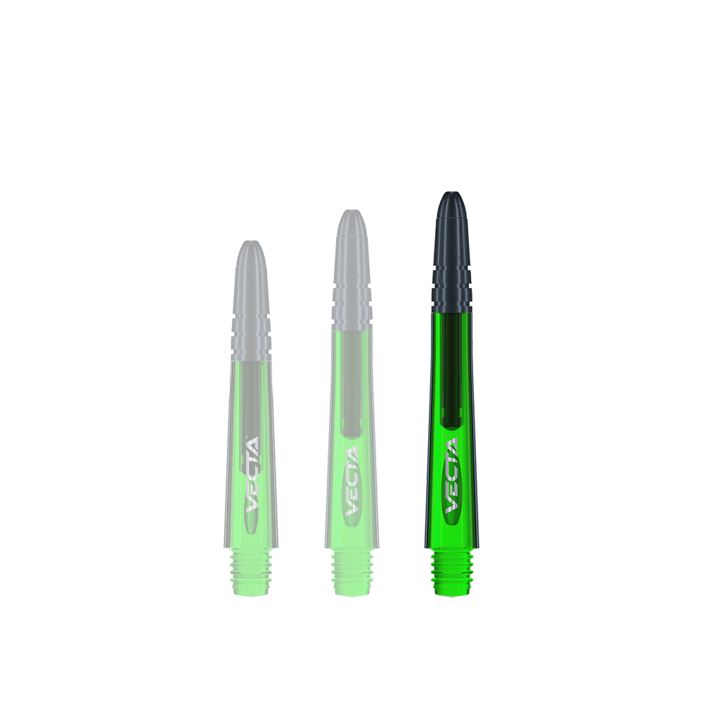 7025-204_Winmau_Vecta_Shafts_Gr-n_40mm_1 Das Bild zeigt drei grüne Winmau Vecta Shafts für Dartpfeile. Sie sind in verschiedenen Längen abgebildet und haben schwarze Spitzen.