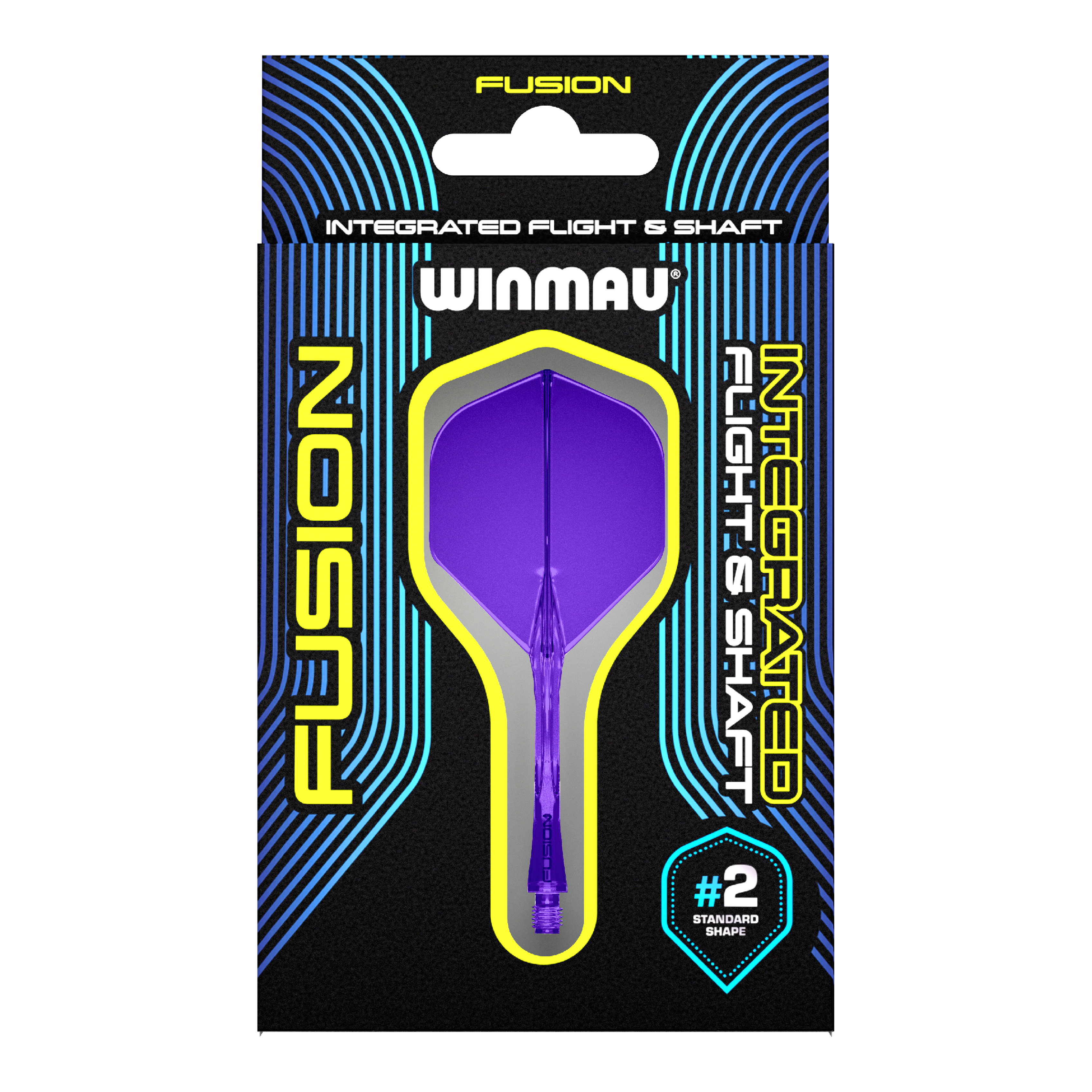 Winmau Fusion Flight Shaft System Standaard Paars Auf dem Bild ist eine Verpackung mit einem lila Dart-Flug- und Schaftsystem der Marke Winmau zu sehen. Die Verpackung trägt die Aufschrift "Fusion Integrated Flight & Shaft" und hebt die Standardform #2 hervor.